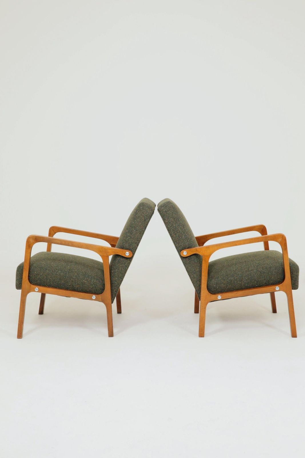 Vintage Pair Armchair Avocado Green Tweed Upholstery, 1960, Poland photo Furniture