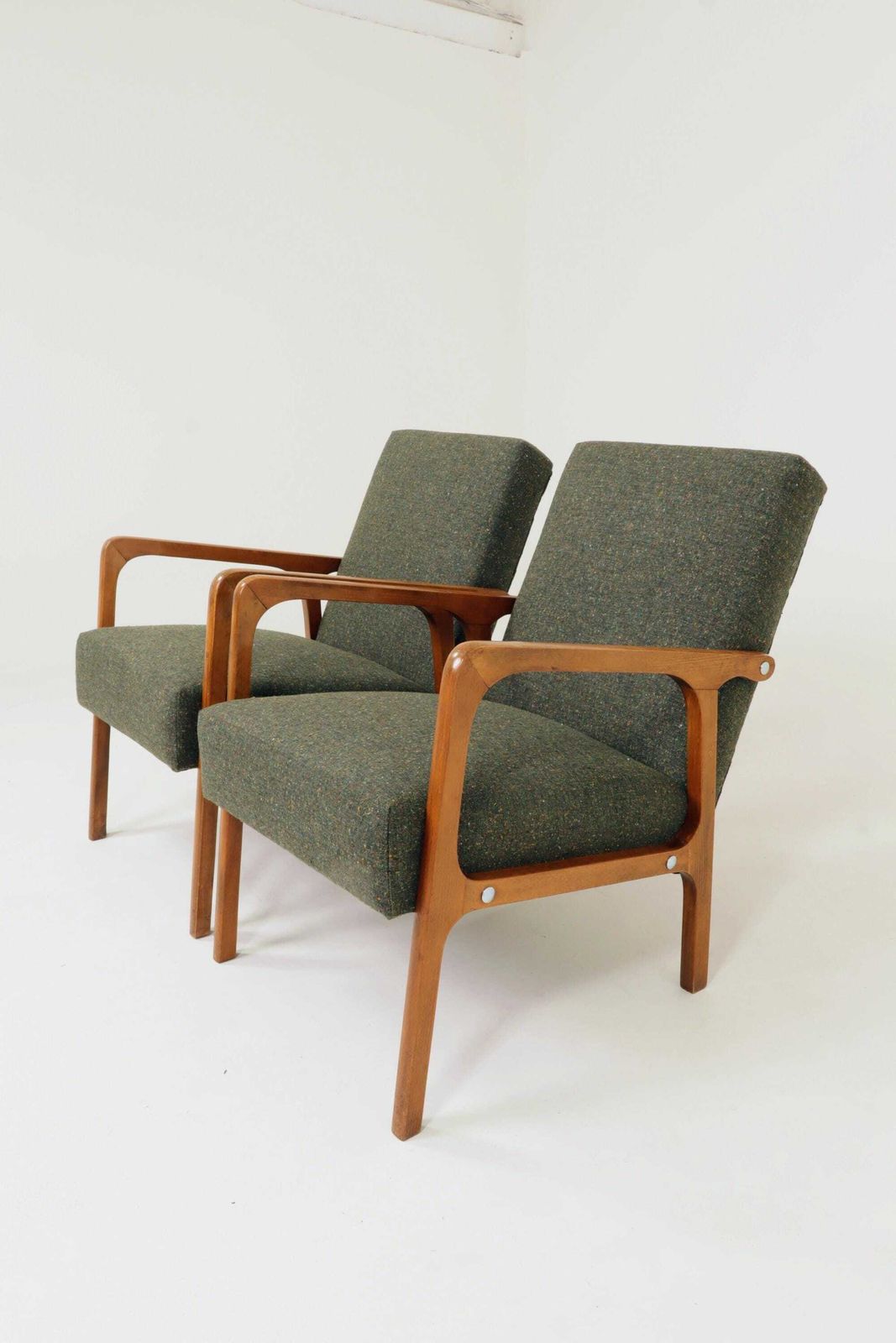 Vintage Pair Armchair Avocado Green Tweed Upholstery, 1960, Poland photo buy