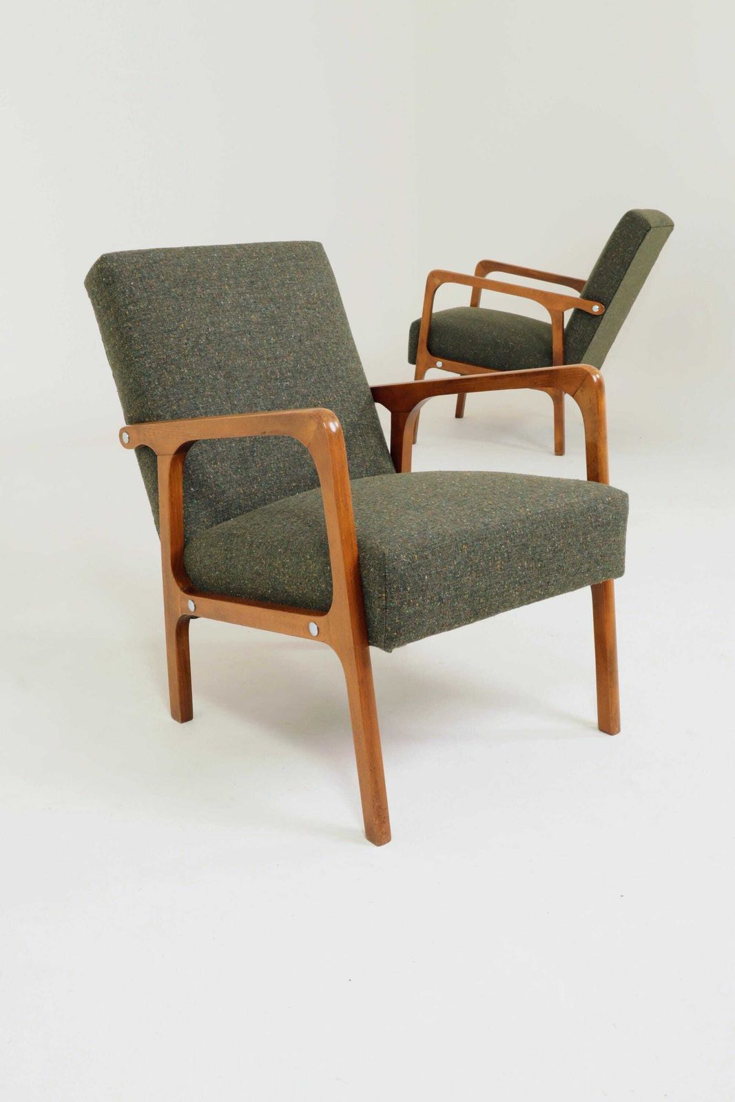 photo furniture Vintage Pair Armchair Avocado Green Tweed Upholstery, 1960, Poland