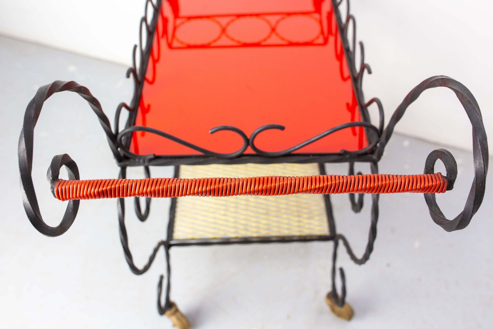 Mid Century Black Metal & Plexiglass Red & Yellow Trolley Bar Cart, Circa 1950 photo vintage