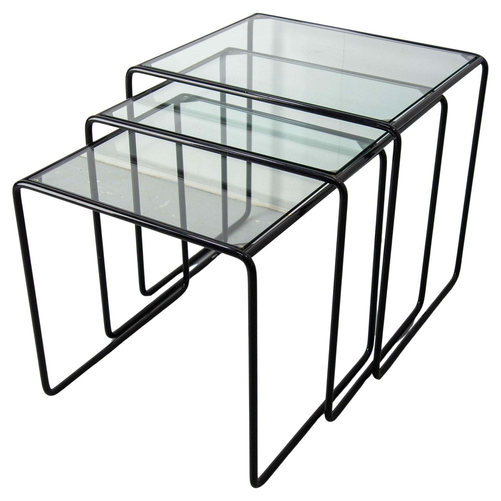 Set Of Three Nesting Tables French Bauhaus Style Metal And Glass Circa 1970