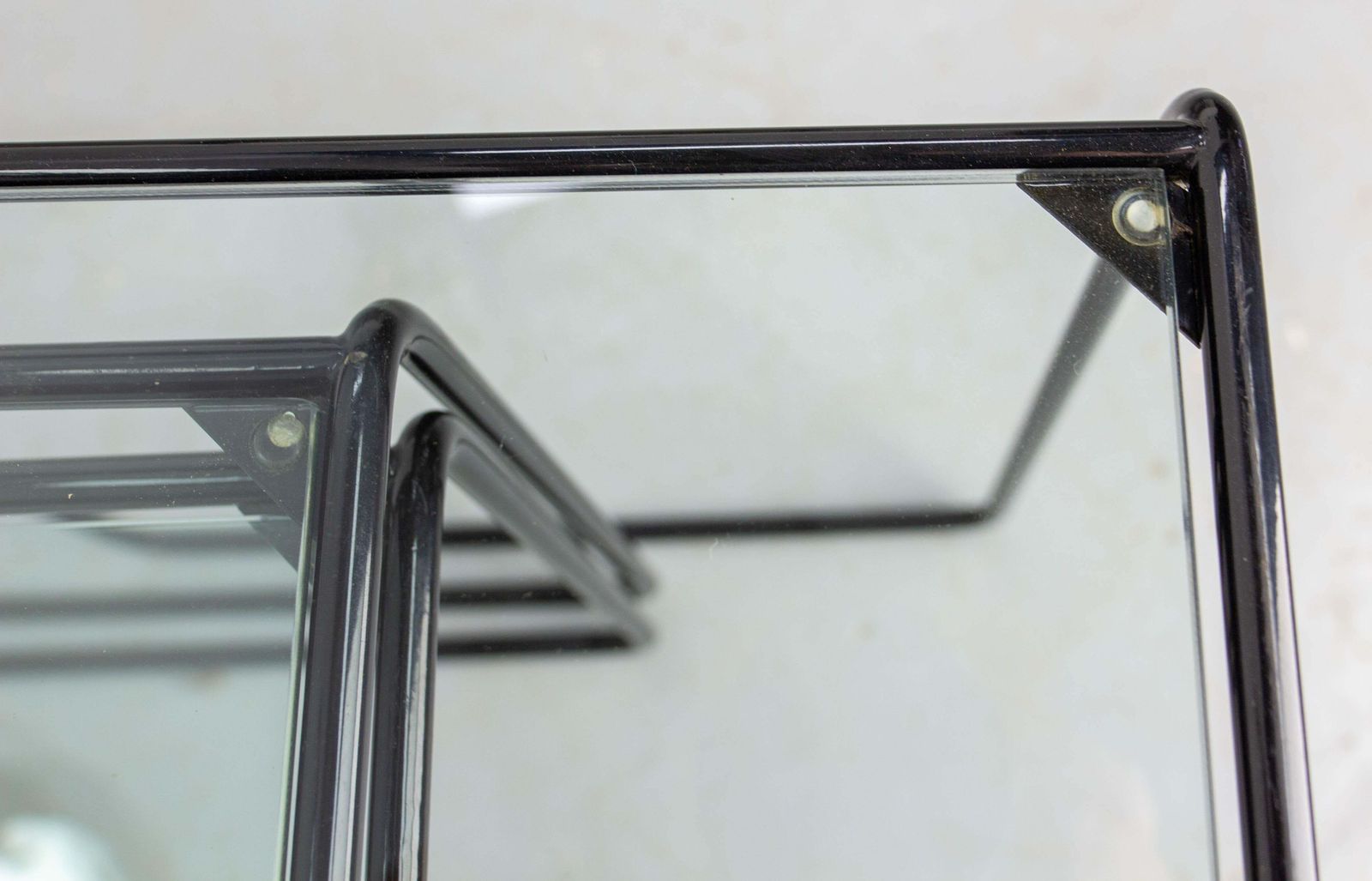 Set Of Three Nesting Tables French Bauhaus Style Metal And Glass Circa 1970 photo vintage