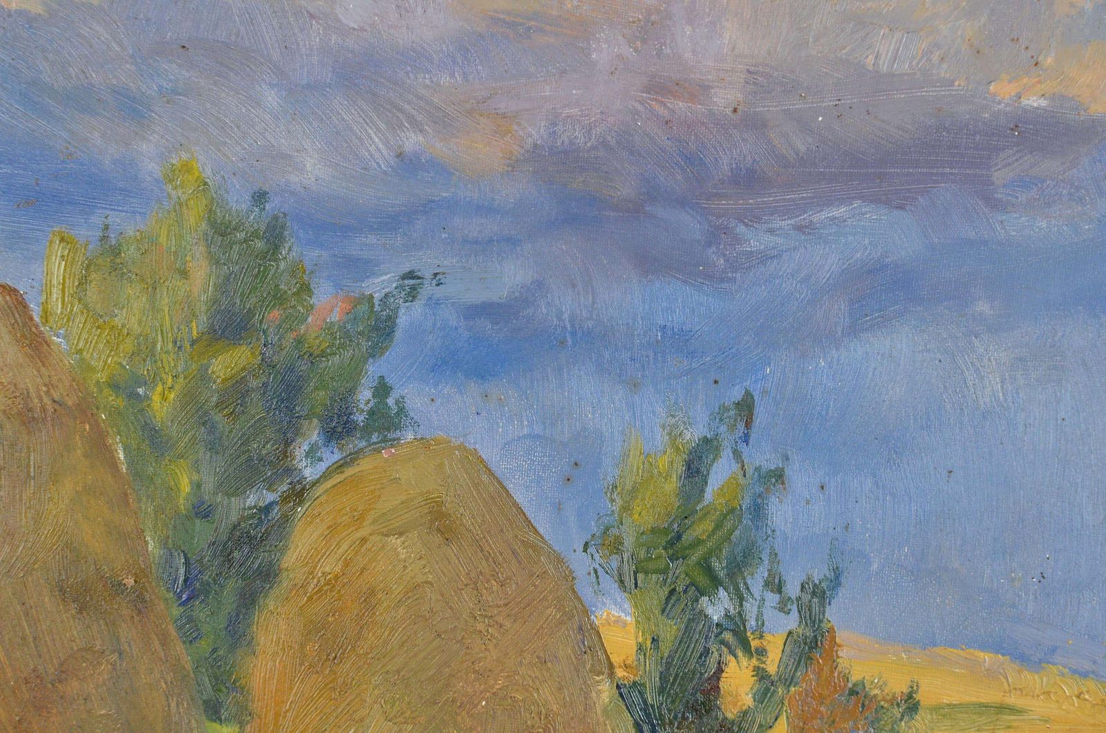 Arnolds Pankoks Landscape With Hey Stacks. Oil On Cardboard. 35x49 Cm 1990 photo for sale