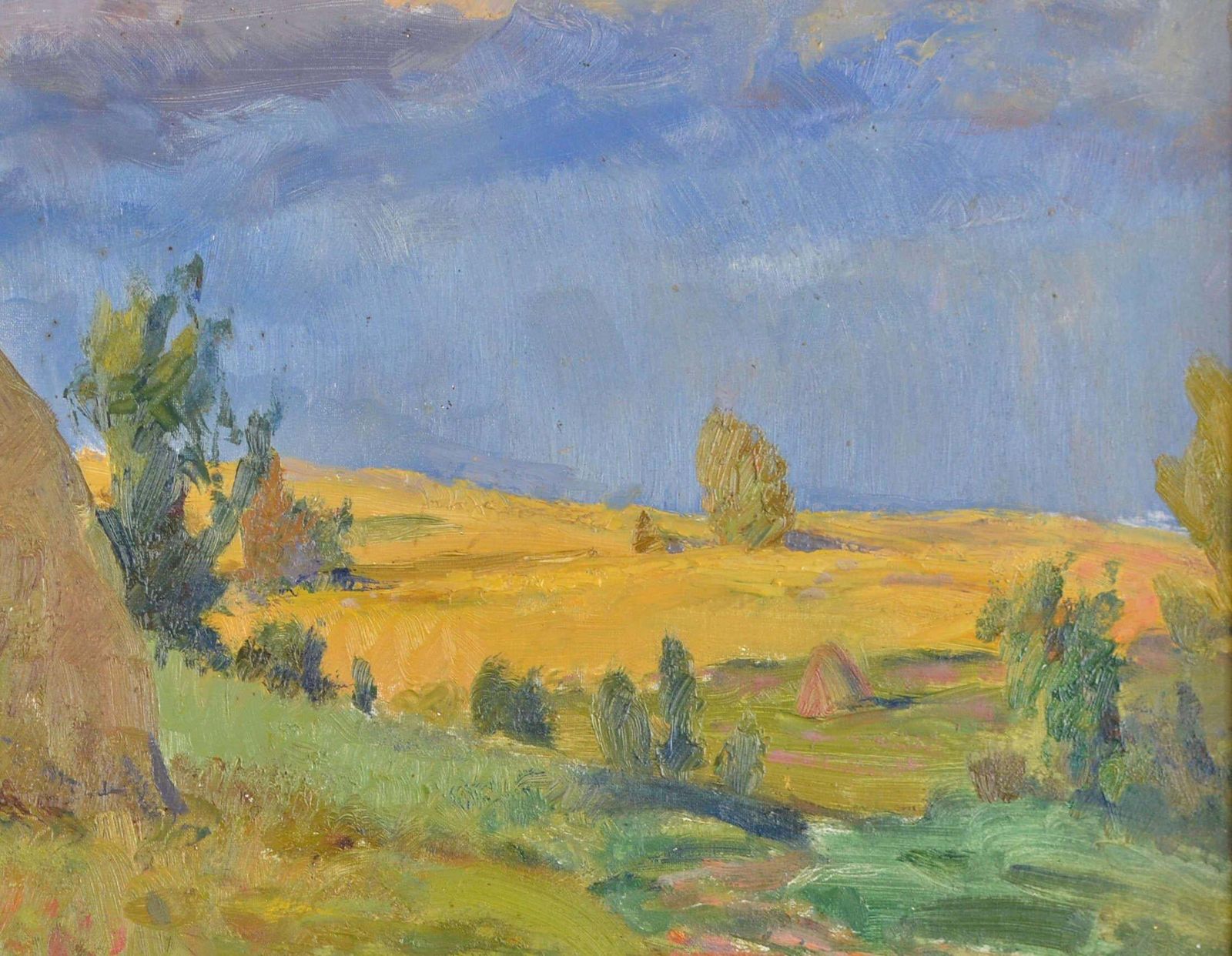 Arnolds Pankoks Landscape With Hey Stacks. Oil On Cardboard. 35x49 Cm 1990 photo buy