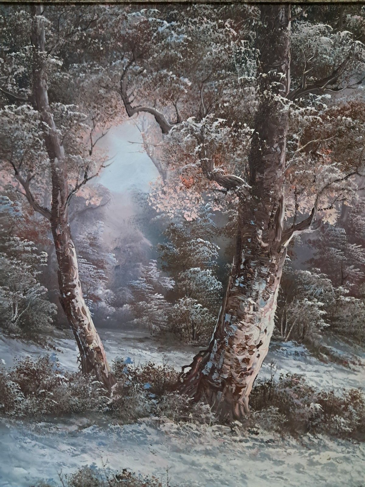 Vintage Large Oil Painting Winter Landscape Trees River Oil On Canvas Framed photo buy