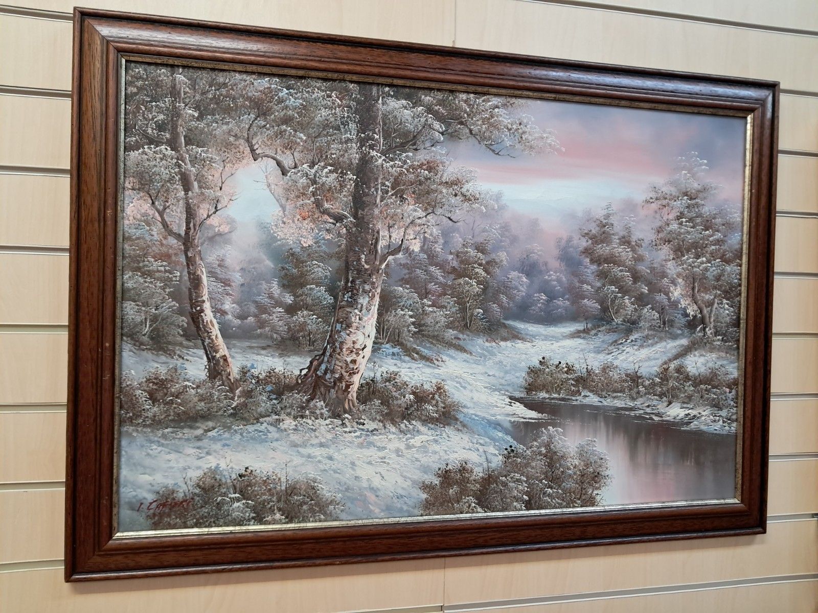 Vintage Large Oil Painting Winter Landscape Trees River Oil On Canvas Framed photo vintage