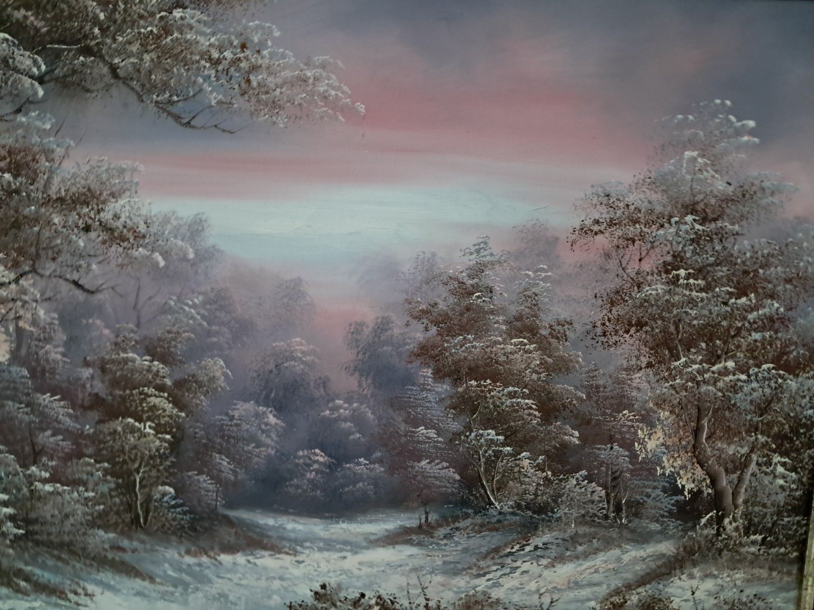 photo furniture Vintage Large Oil Painting Winter Landscape Trees River Oil On Canvas Framed