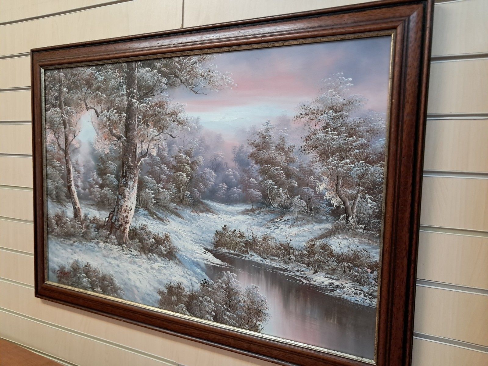 photo for sale Vintage Large Oil Painting Winter Landscape Trees River Oil On Canvas Framed