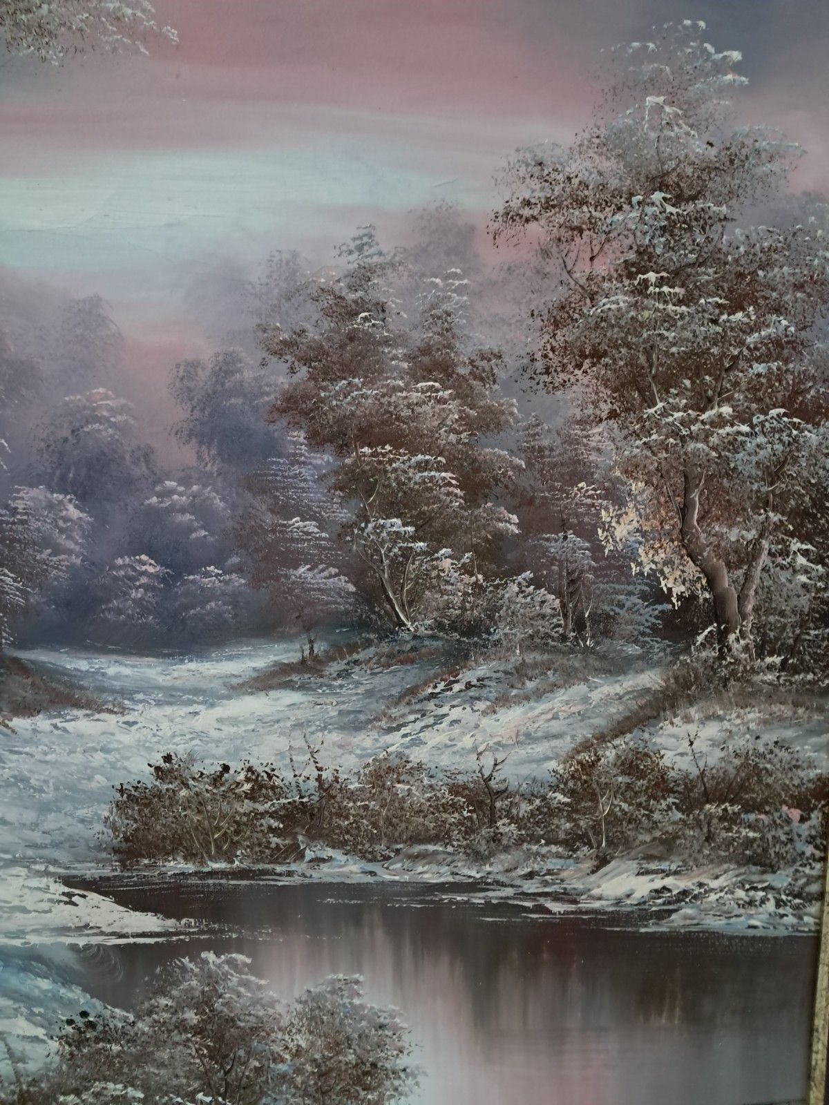 photo vinterior Vintage Large Oil Painting Winter Landscape Trees River Oil On Canvas Framed