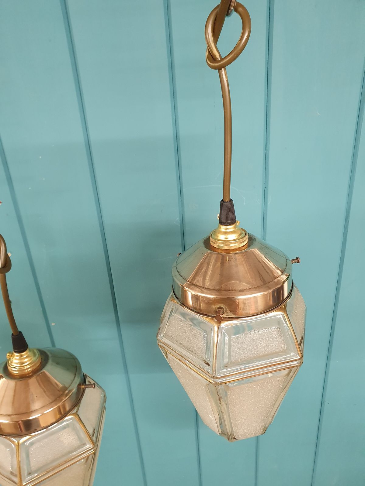 Early 20th Century Pair Of Frosted Hexagon Pendant Lights 6" photo Lighting