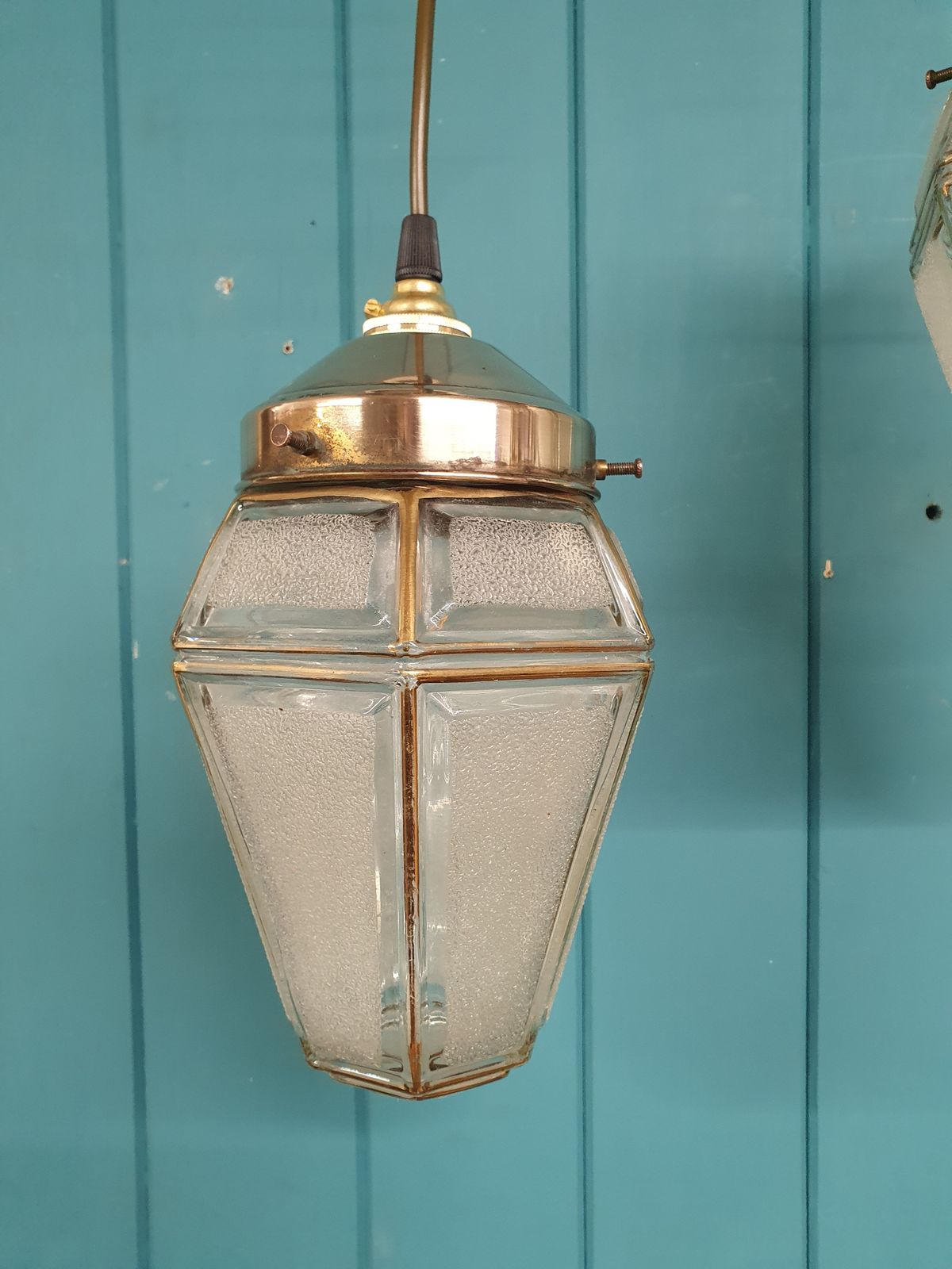 Early 20th Century Pair Of Frosted Hexagon Pendant Lights 6" photo buy