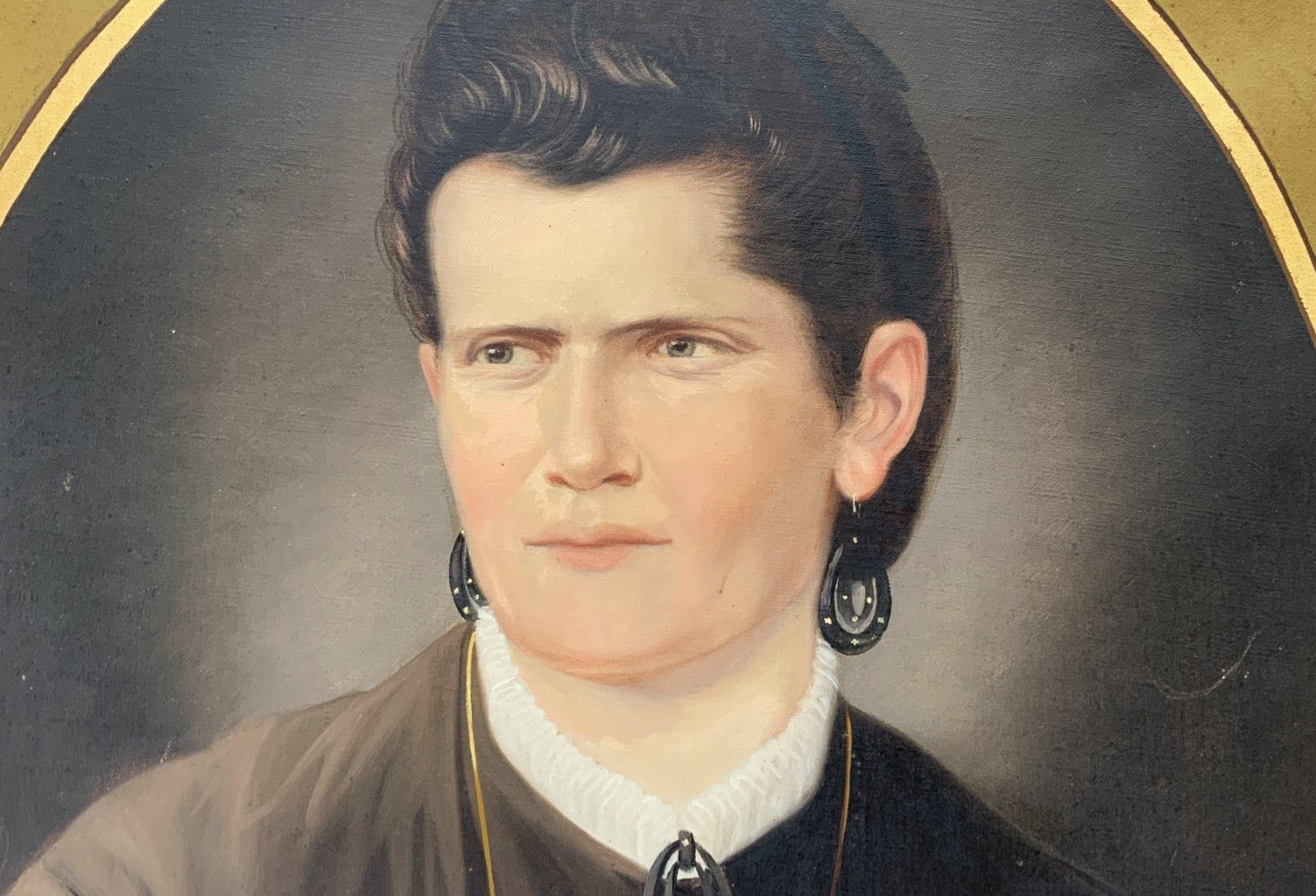 19th Century Oil On Canvas Portrait Painting Of A Stern Victorian Lady photo for sale