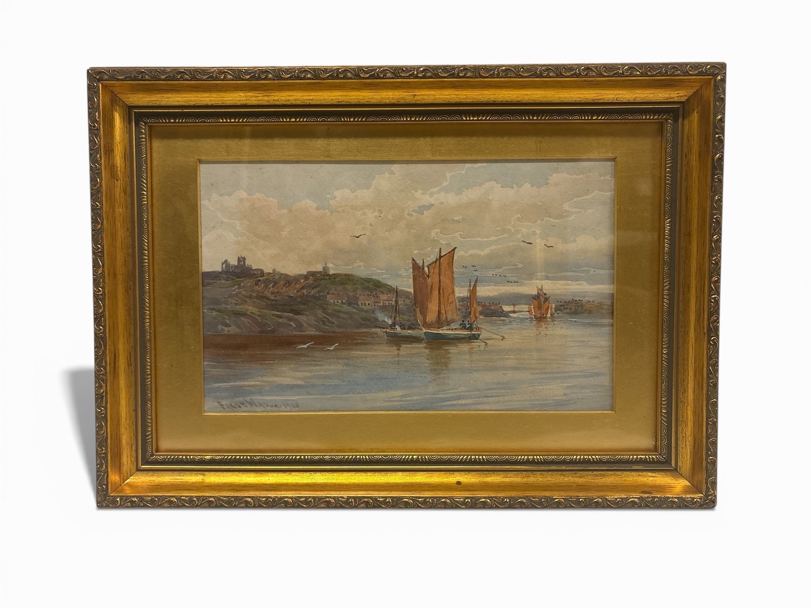 Painting Of Boats Off The Coast Of Whitby By Fred Waugh Dated 1905