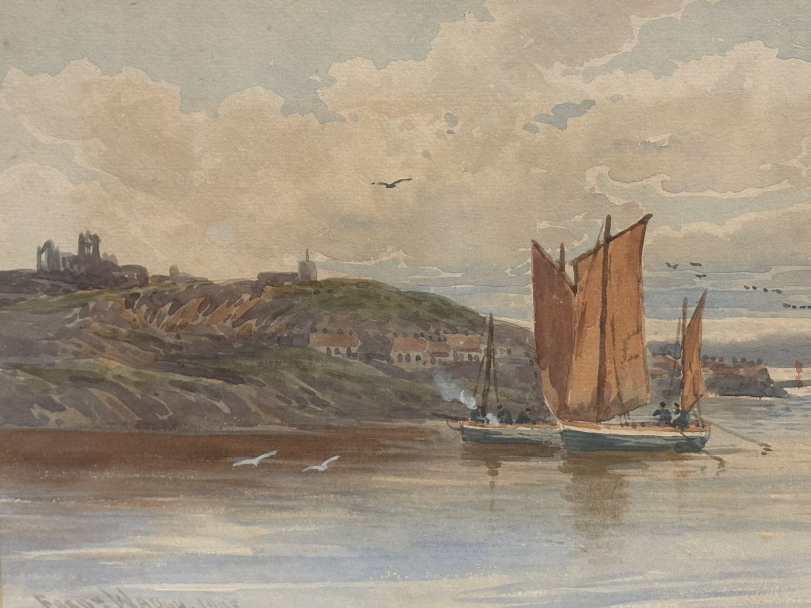 Painting Of Boats Off The Coast Of Whitby By Fred Waugh Dated 1905 photo Art