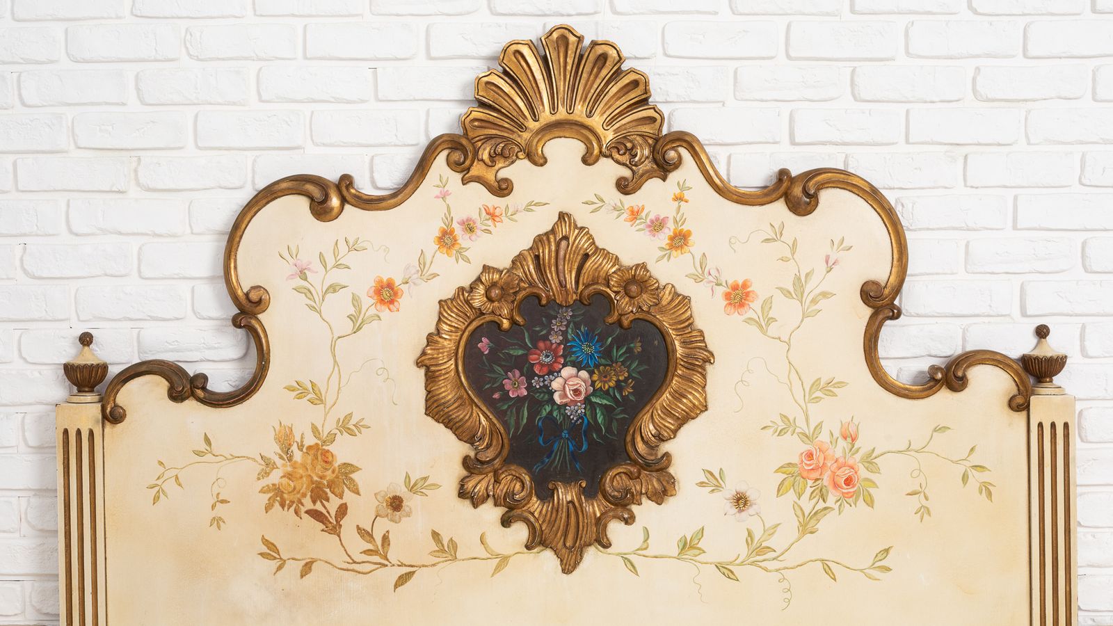 Antique Polychrome Bedroom With Decorated Headboard And Matching Bedside Tables photo furniture