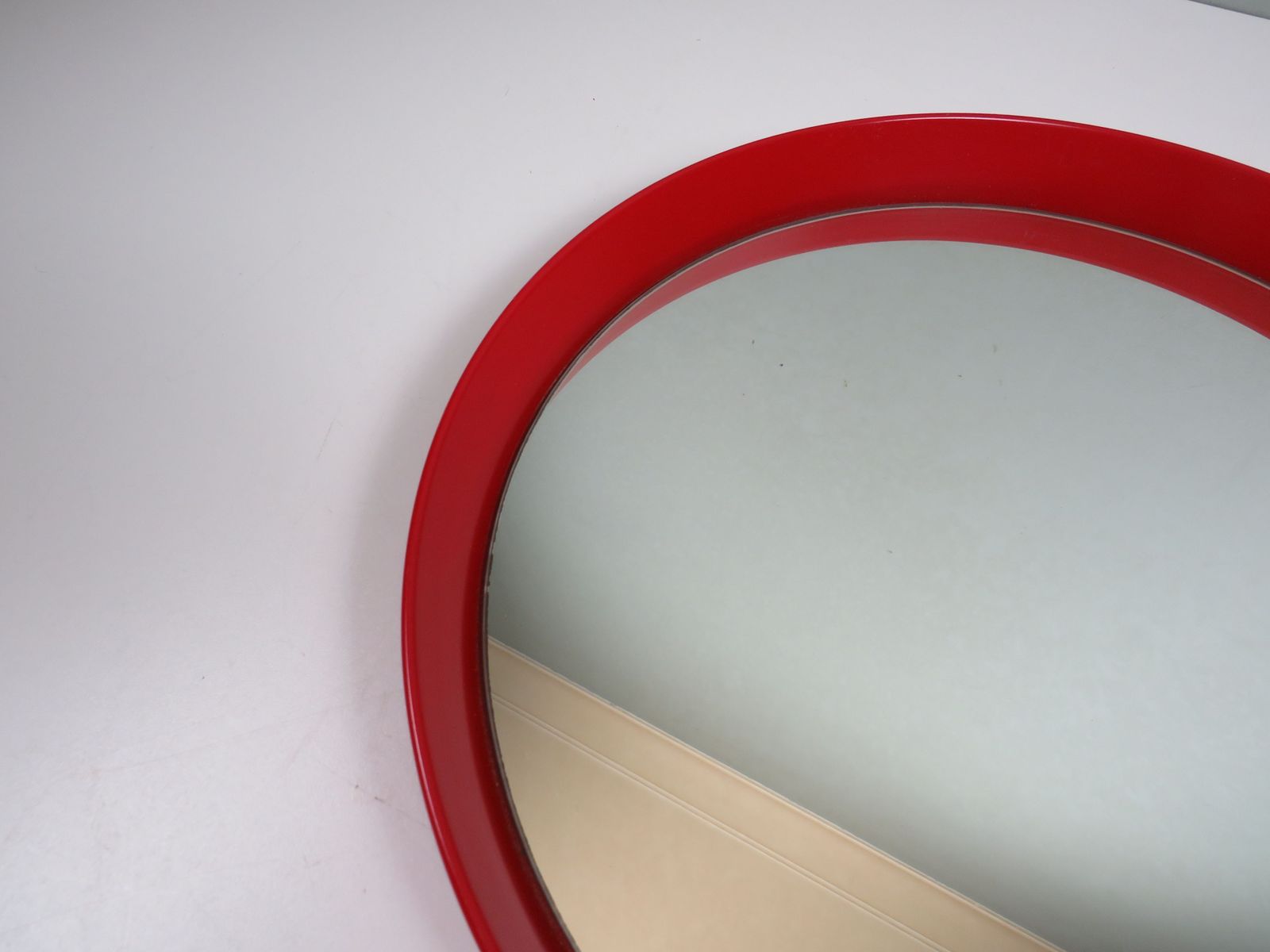 Mid Century Circular Wall Mirror With Red Lacquered Wooden Frame, 1960s photo for sale