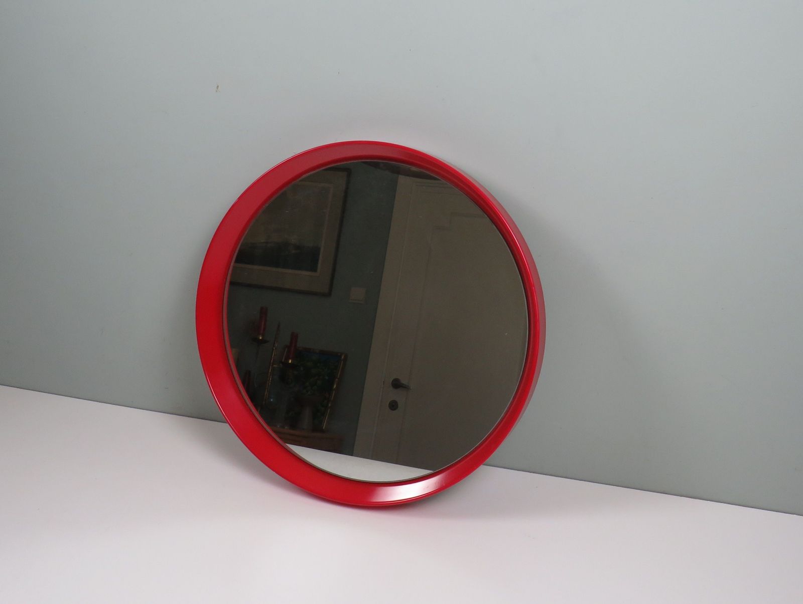 Mid Century Circular Wall Mirror With Red Lacquered Wooden Frame, 1960s