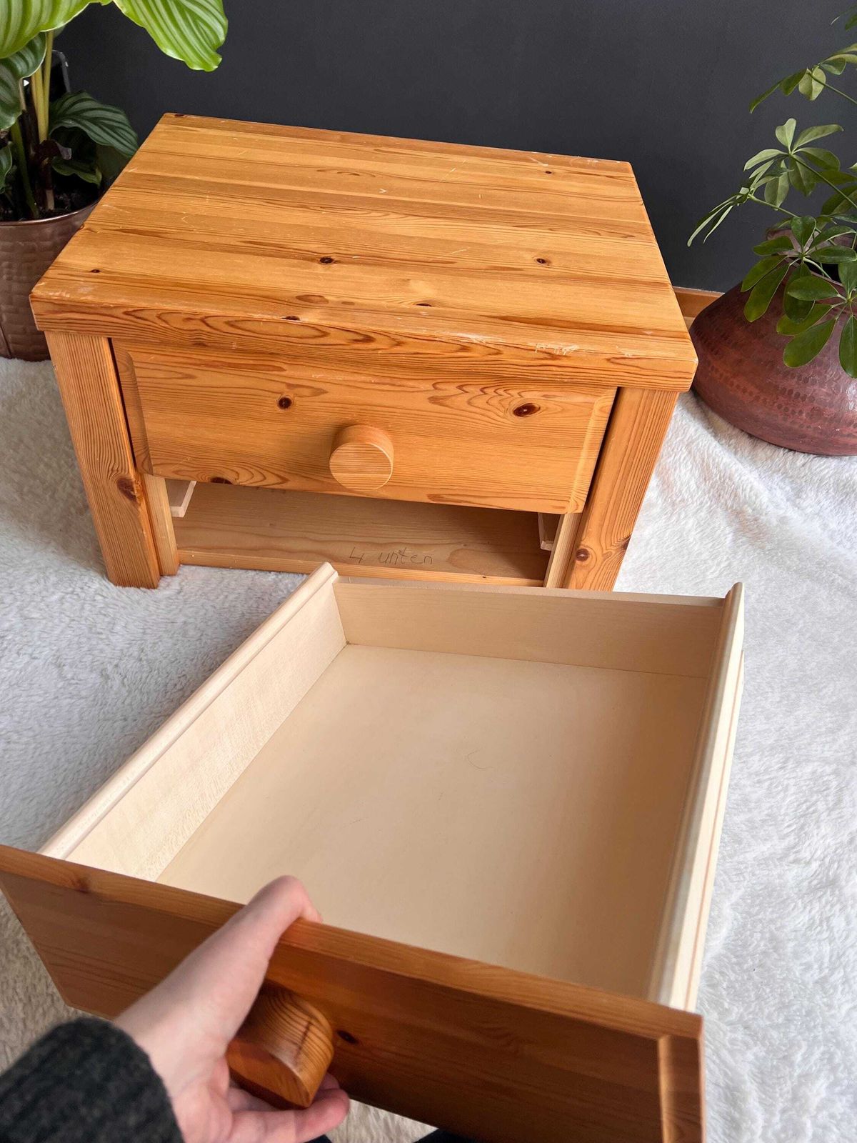 photo for sale Vintage Brutalist Pine Nightstand   Low Profile Side Table Mcm 1970s