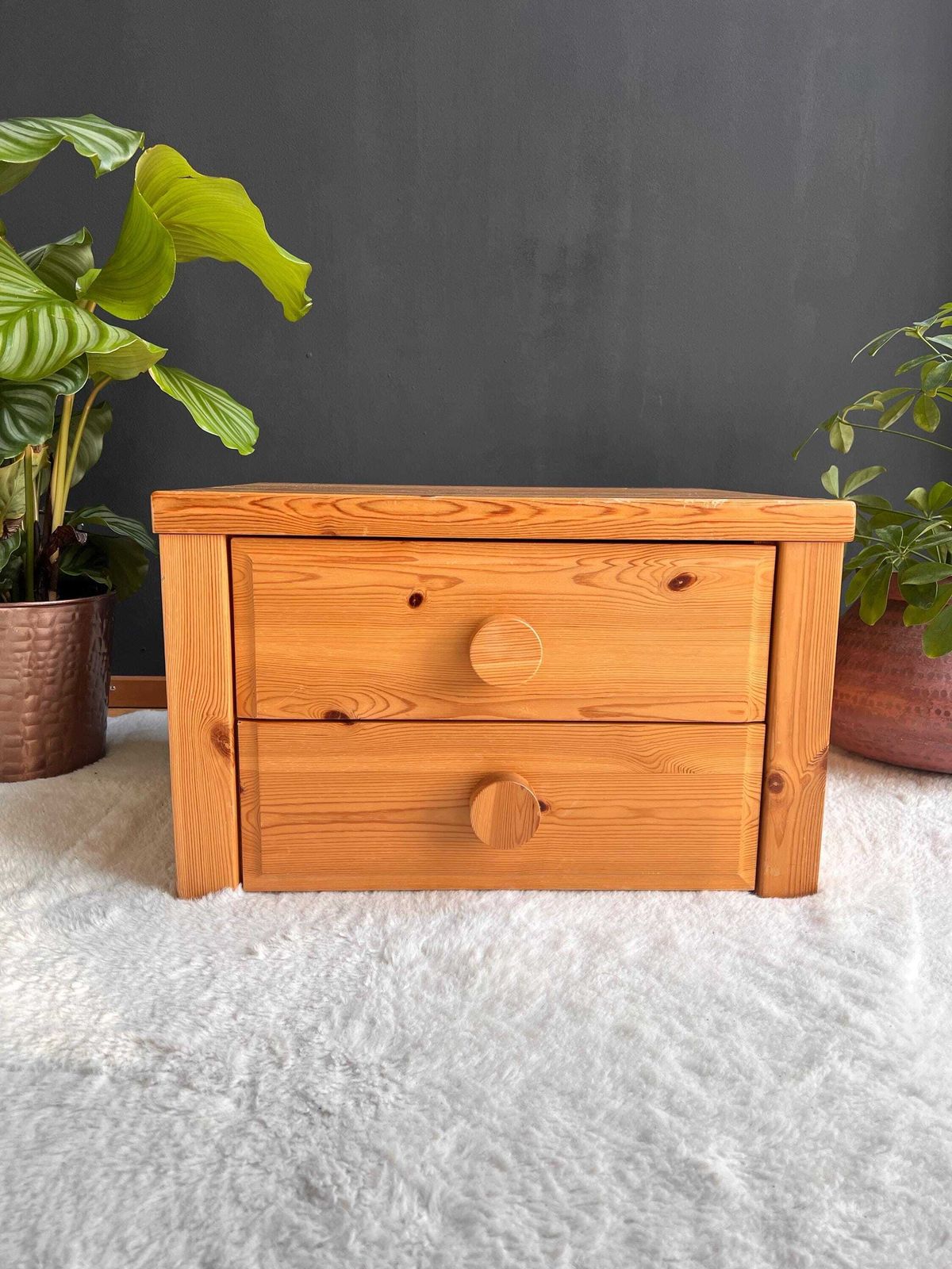 Furniture Vintage Brutalist Pine Nightstand   Low Profile Side Table Mcm 1970s photo
