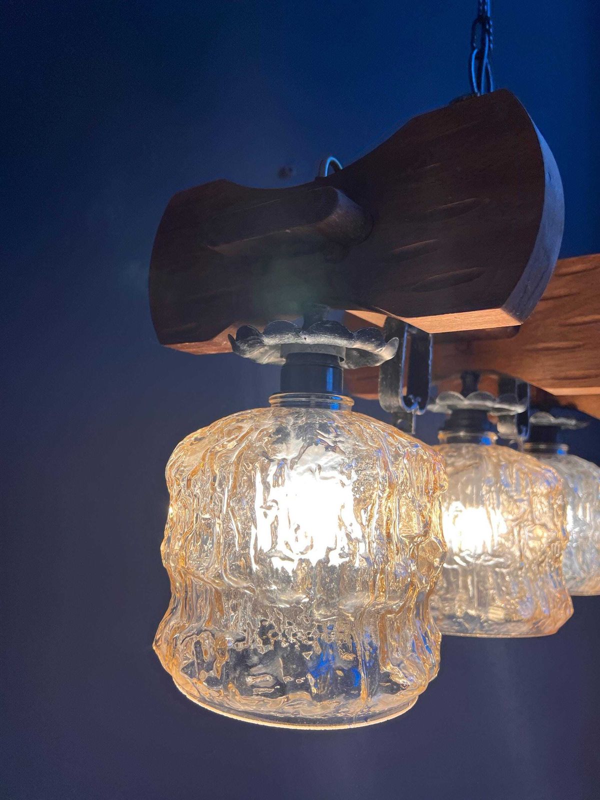 Vintage Rustic Mid Century Chandelier: Spanish Revival Wood Beam, Cracked Ice Amber Glass photo furniture