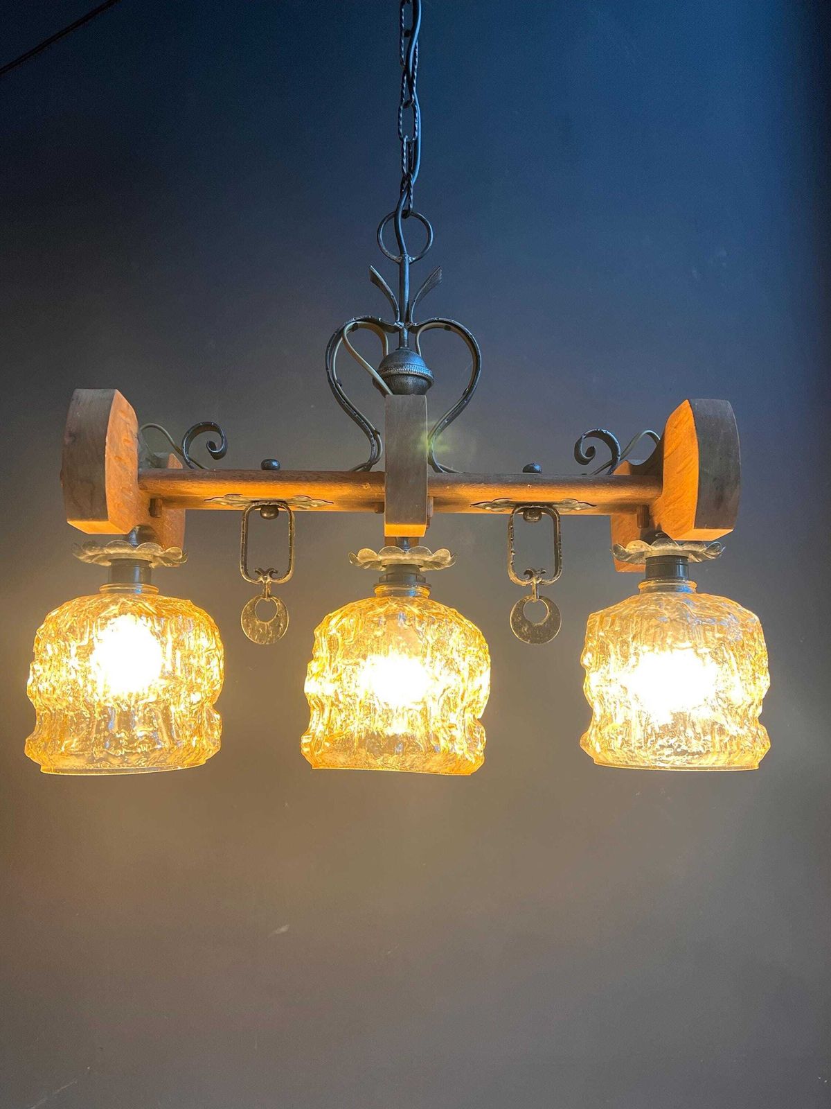 Vintage Rustic Mid Century Chandelier: Spanish Revival Wood Beam, Cracked Ice Amber Glass photo buy