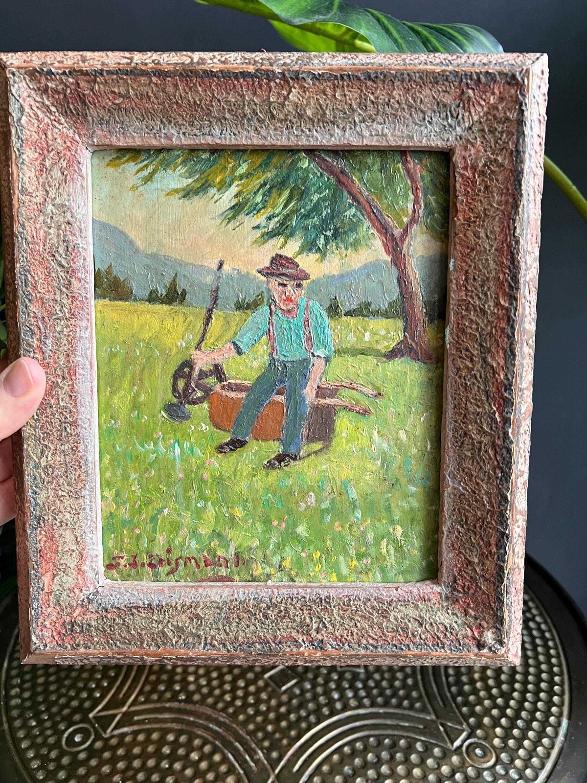 photo for sale Vintage Swiss Folk Art Painting By F. J. Erismann – Emmental Farmer – Signed Original Naive Art