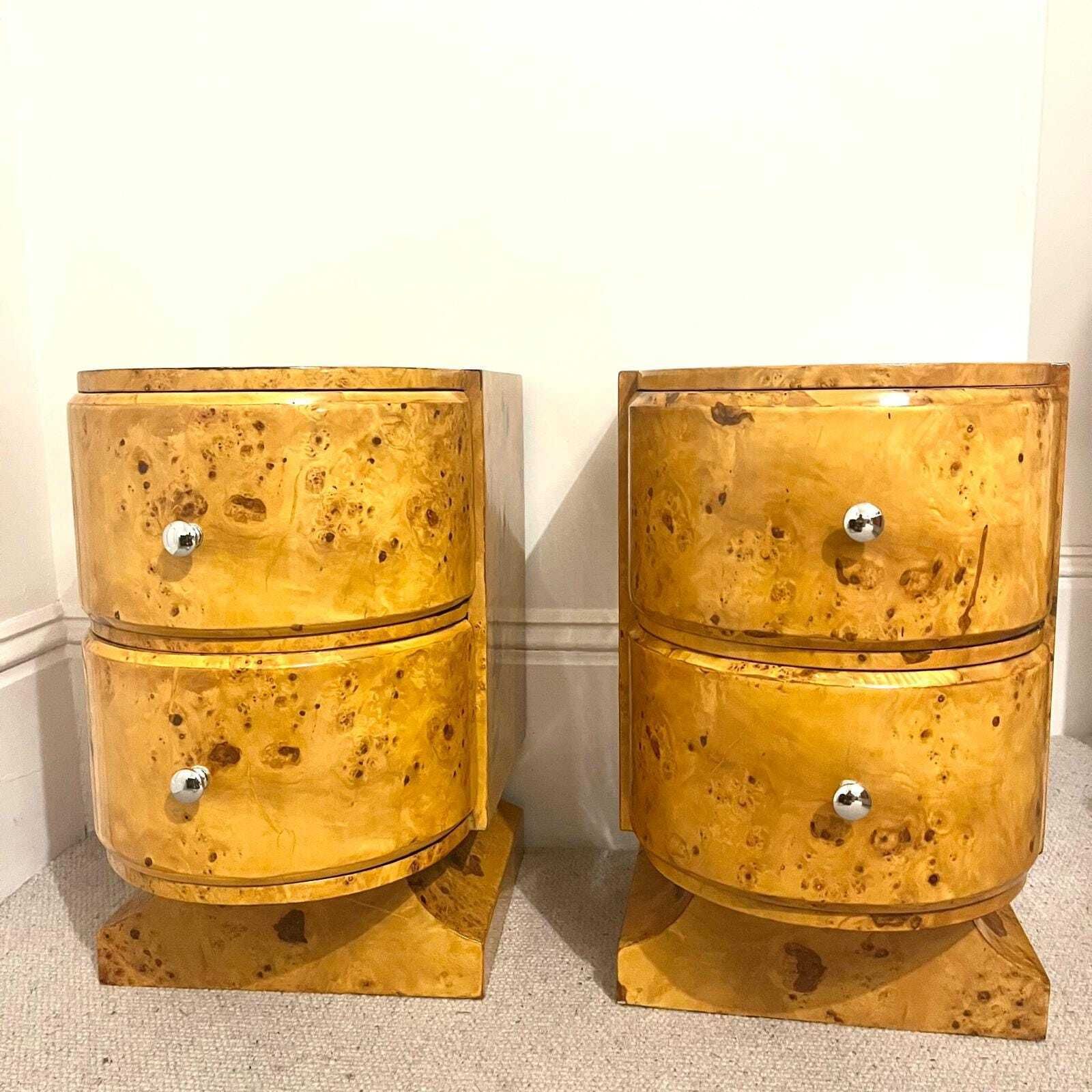A Pair Of Curved Art Deco Style Burr Walnut With 2 Drawers Bedside Tables/ Night Stands/ Side Tables