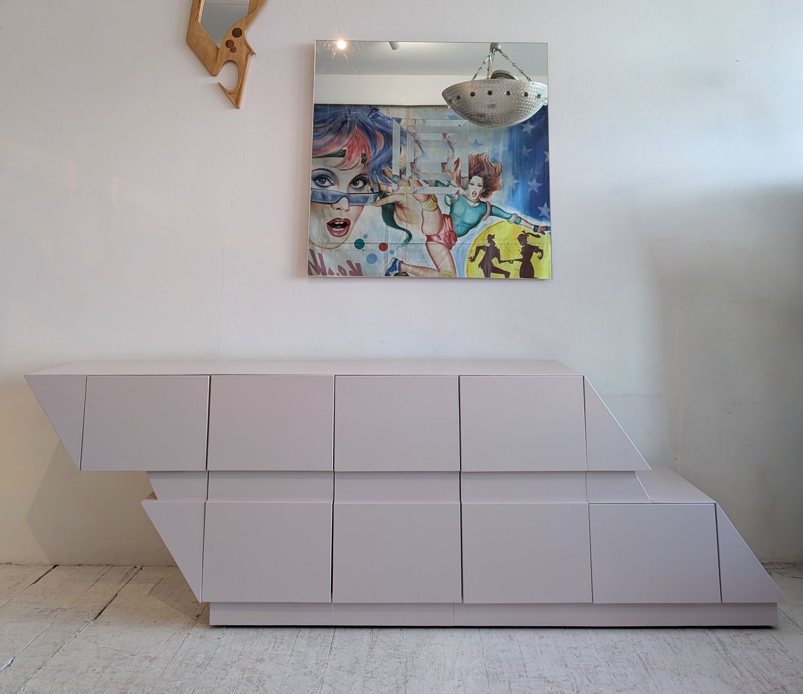 Sculptural Vintage Post Modern Pomo Pale Pink Lacquered Rhombus Sideboard, 1980s American