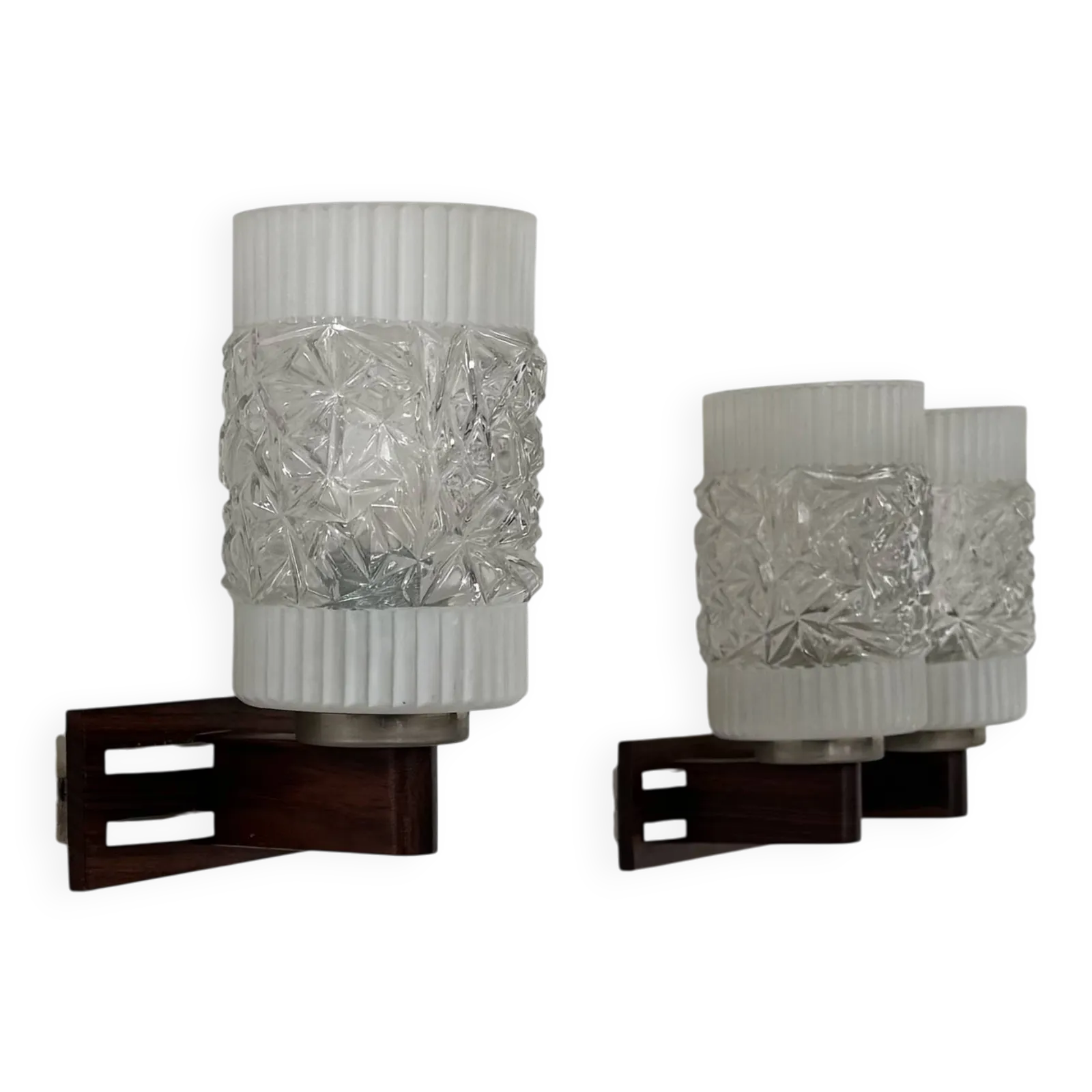 Pair Of Vintage Wall Lights, Chrome, Rosewood And Pressed Molded Glass, France