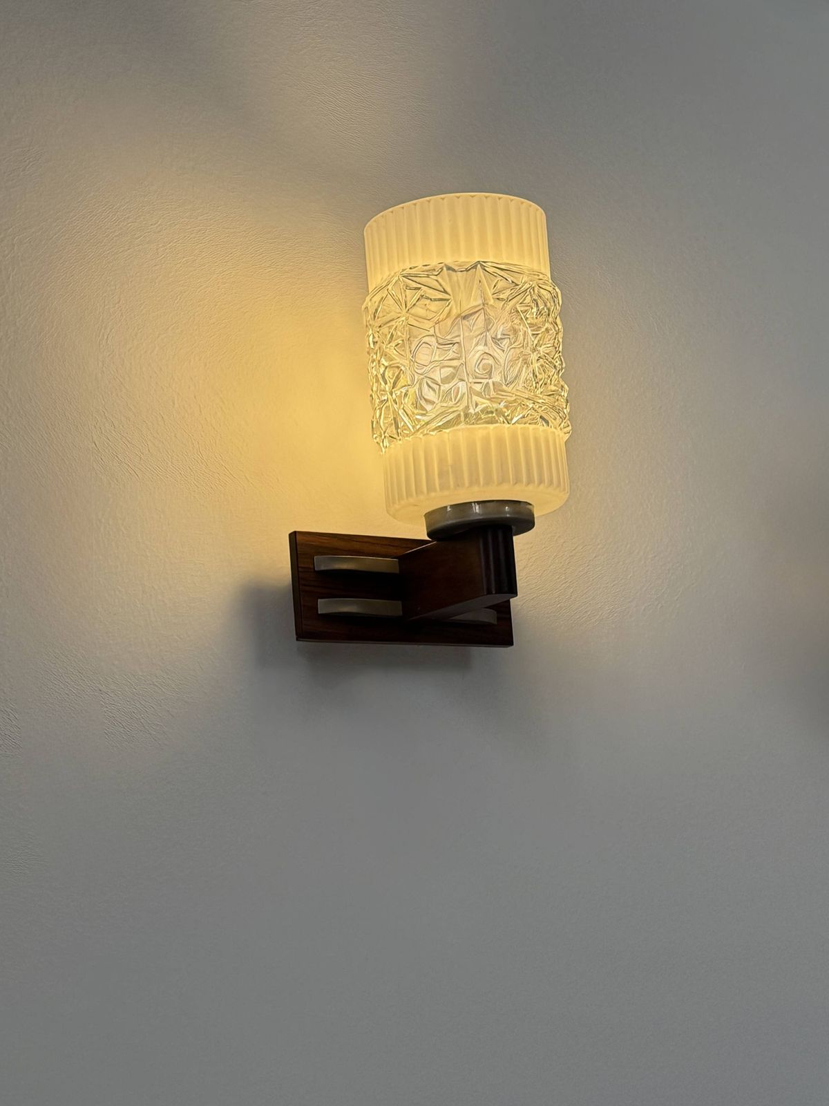 Pair Of Vintage Wall Lights, Chrome, Rosewood And Pressed Molded Glass, France photo vintage