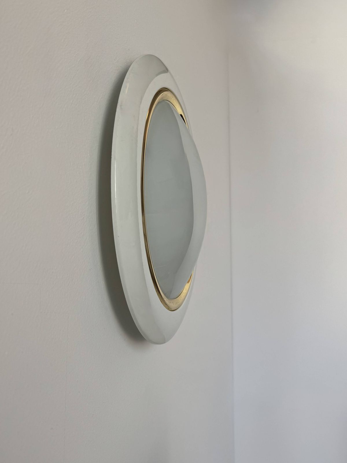 Vintage Circular Wall Lights, Brass Metal And Frosted Glass, France 1980 photo for sale