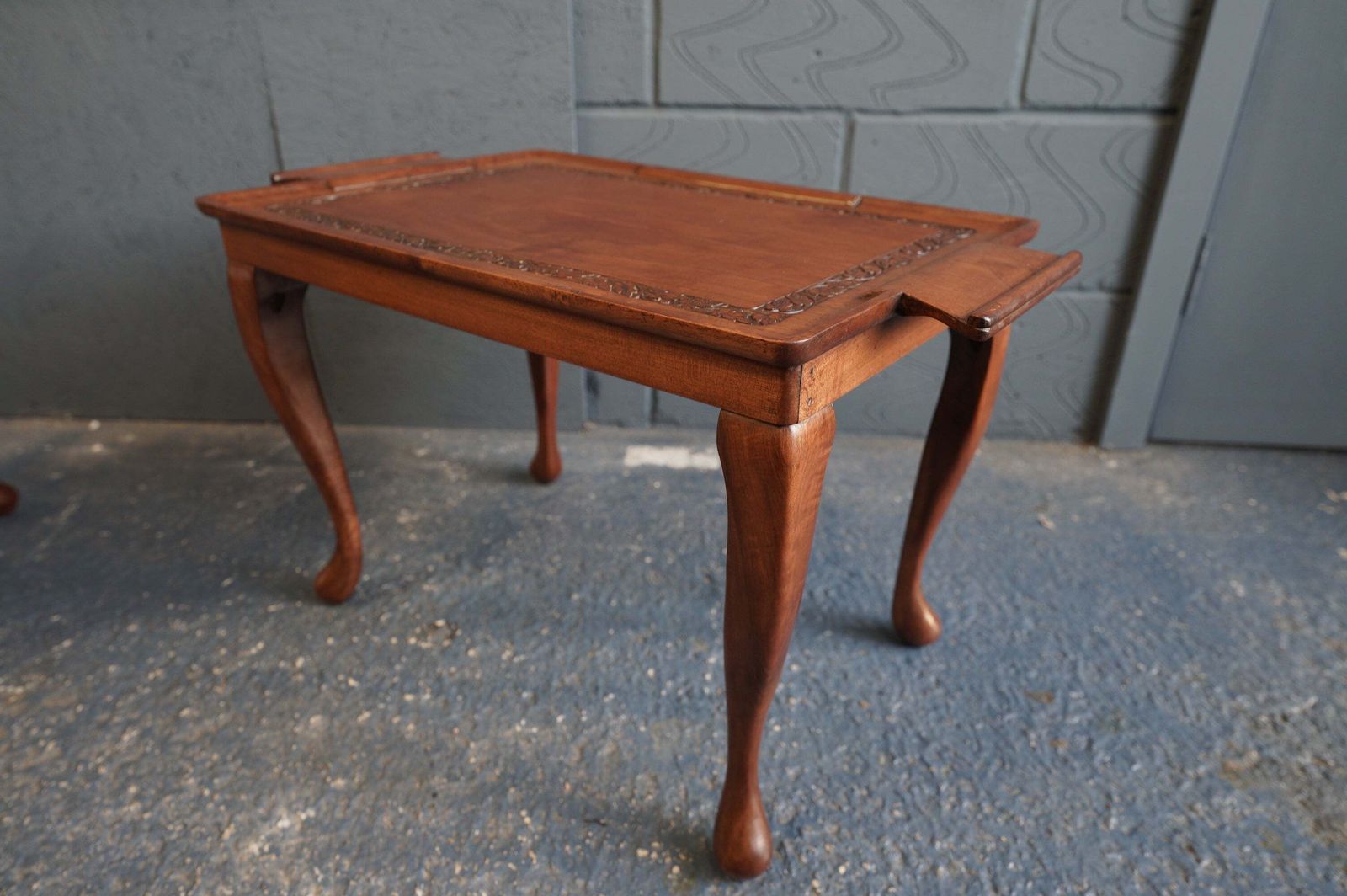 Harlequin Pair Of Queen Anne Revival Walnut Tray Top Tables – British, Circa 1920s photo vinterior