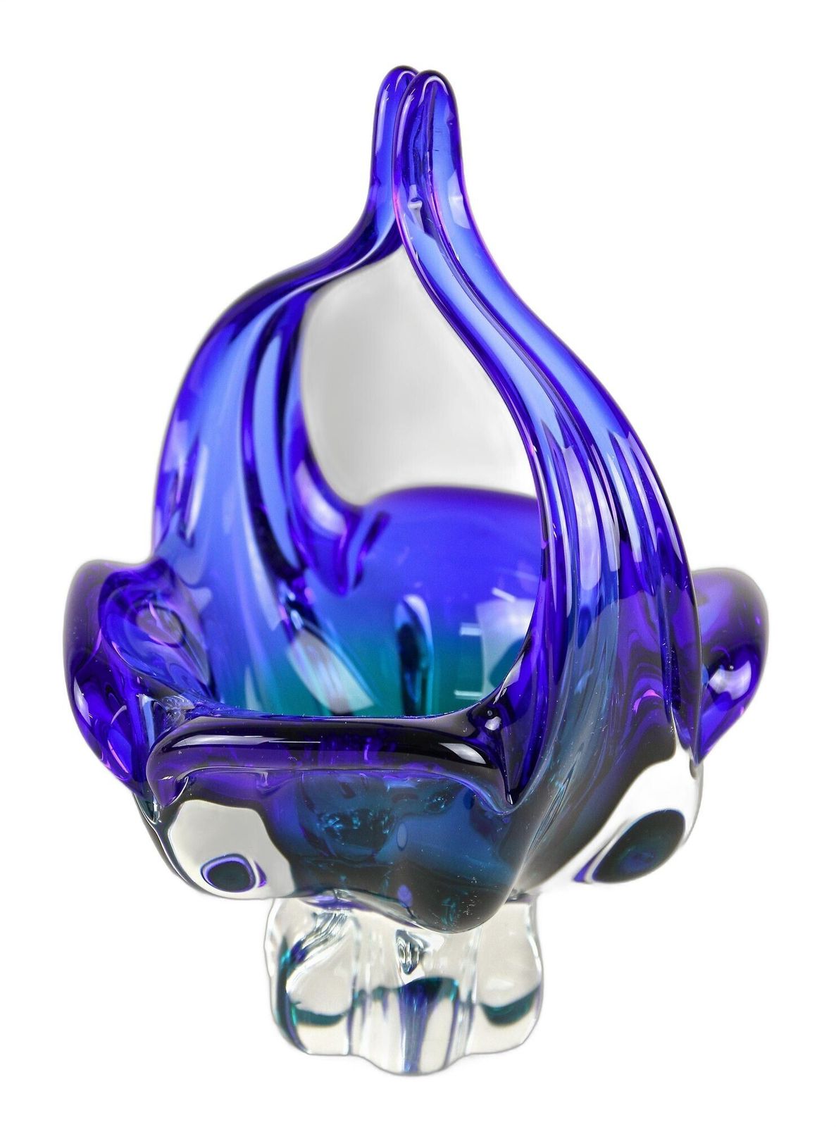 Blue Murano Glass Basket With Curved Handles, Mid Century It Ca. 1960