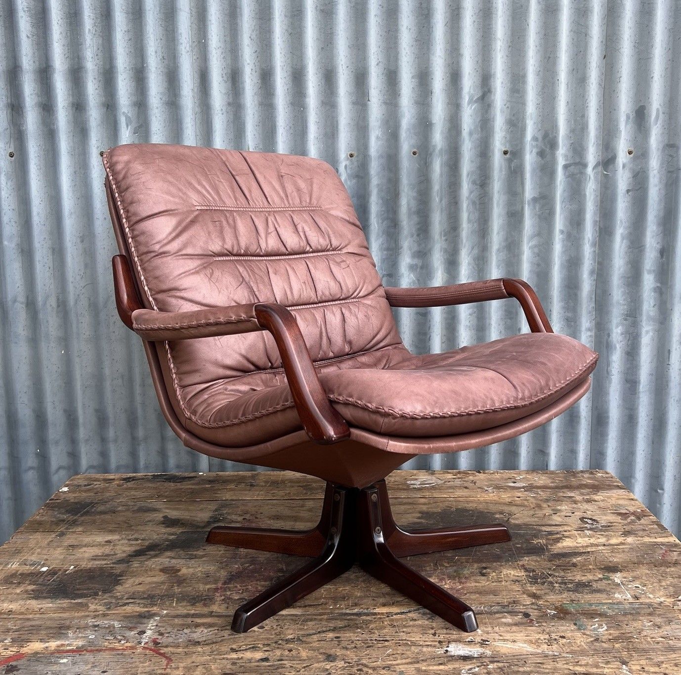 Vintage Berg Danish Leather Swivel Armchair Mid Century 70s Scandinavian Retro