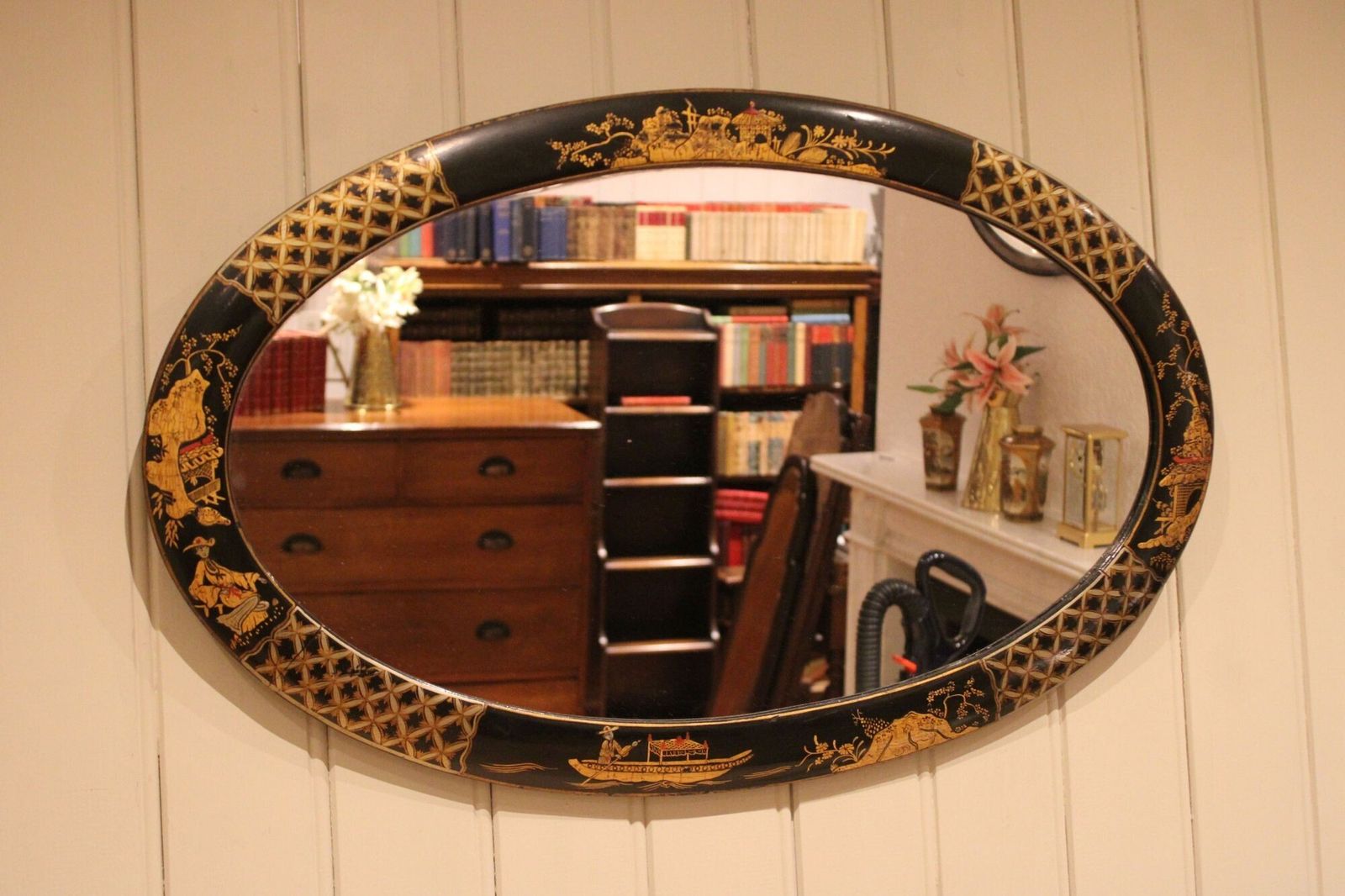 Black Chinoiserie Oval Wall Mirror photo Home Decor