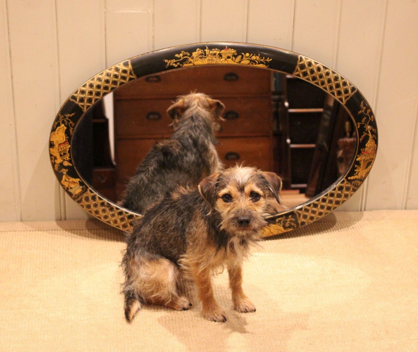 photo furniture Black Chinoiserie Oval Wall Mirror