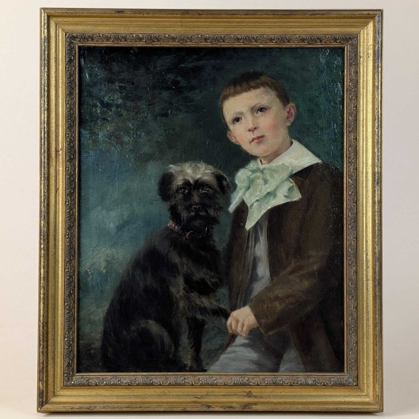 Antique Portrait Painting Boy With Terrier Dog Oil On Canvas Brown Gold Frame French School 19th Century Fine Art