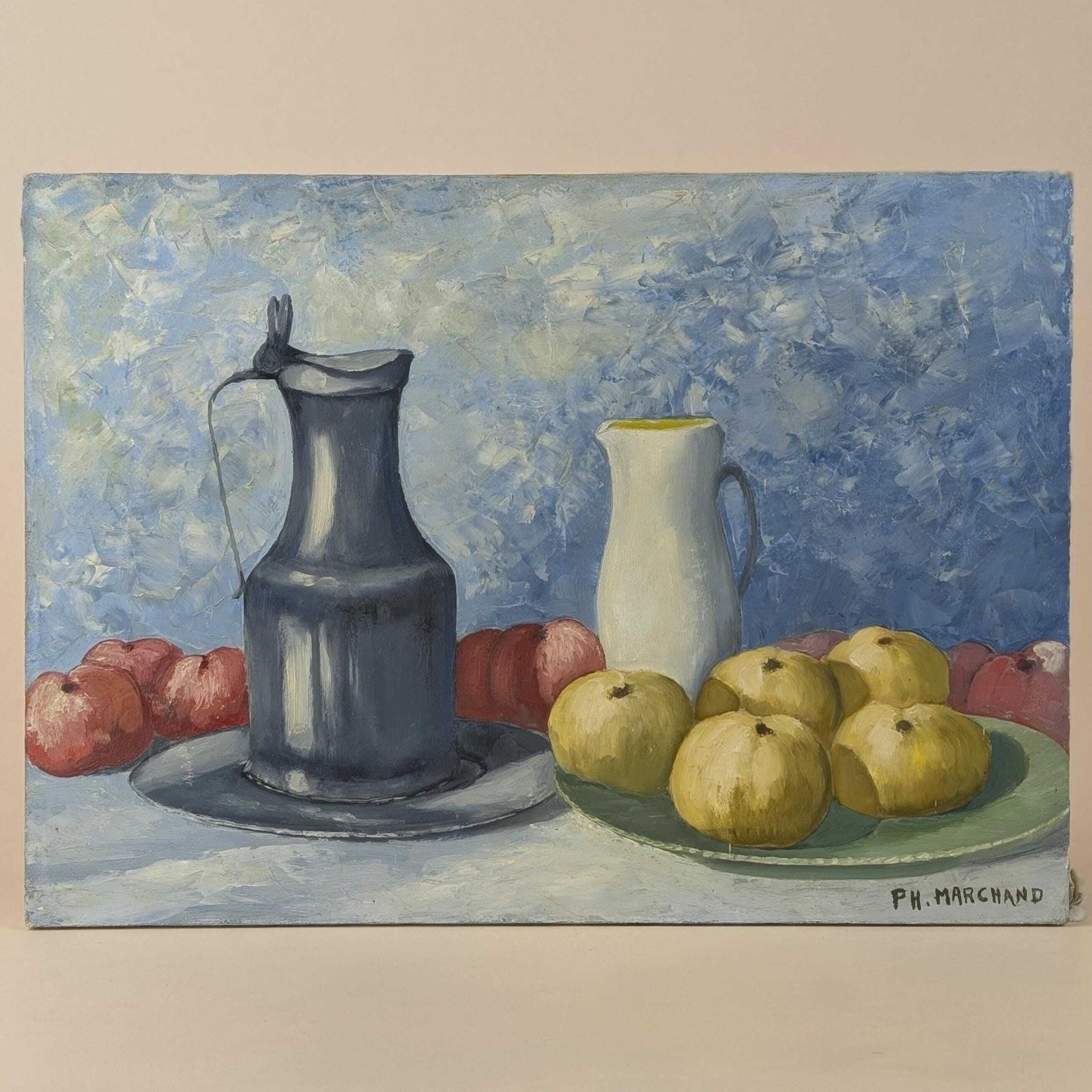 Marchand Signed Oil Painting: Blue Still Life With Pewter Jug And Fruit On Canvas photo buy