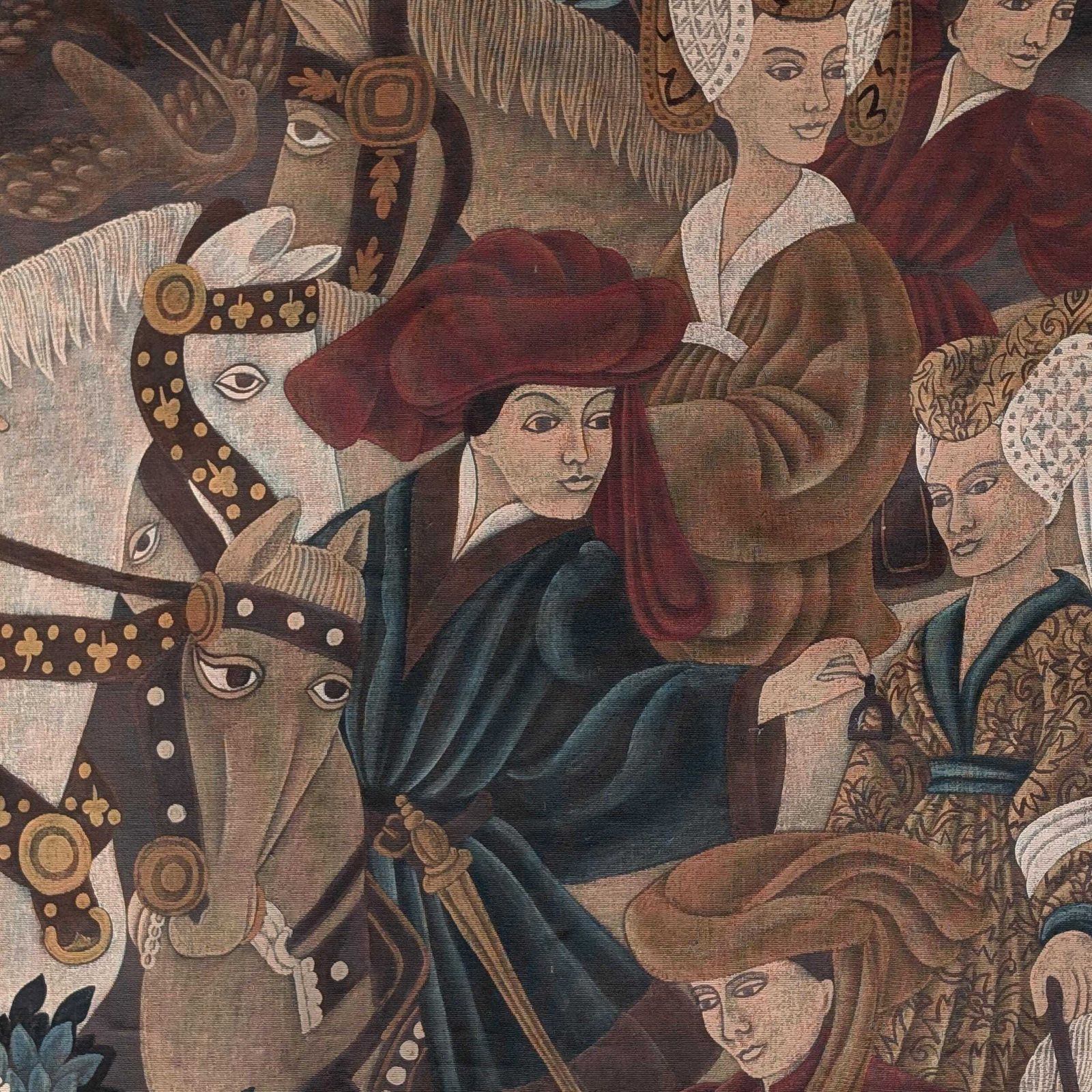 photo furniture French Medieval Hunting Scene Hand Painted Canvas Tapestry Signed Mc Grillet, Equestrian Wall Art