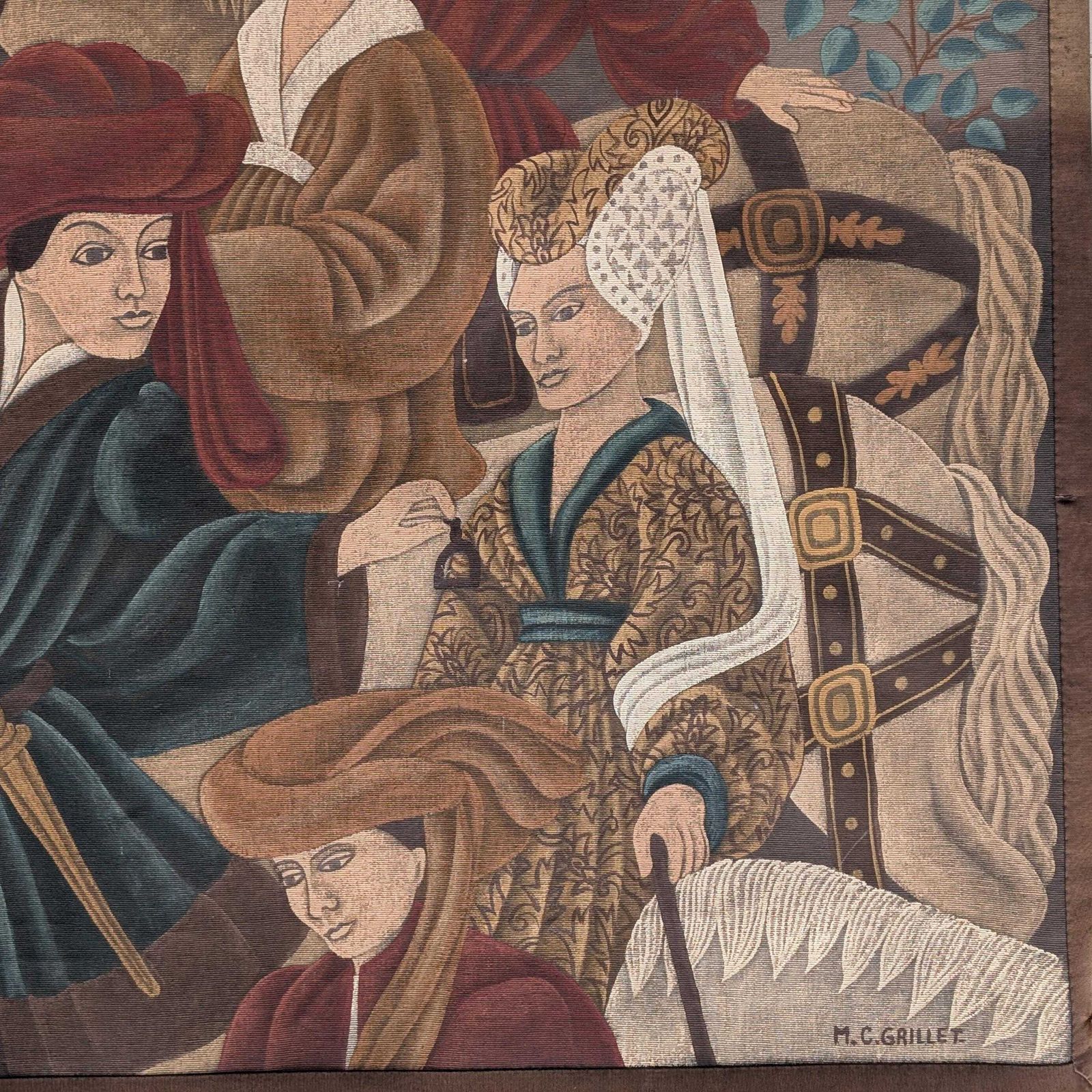 photo for sale French Medieval Hunting Scene Hand Painted Canvas Tapestry Signed Mc Grillet, Equestrian Wall Art