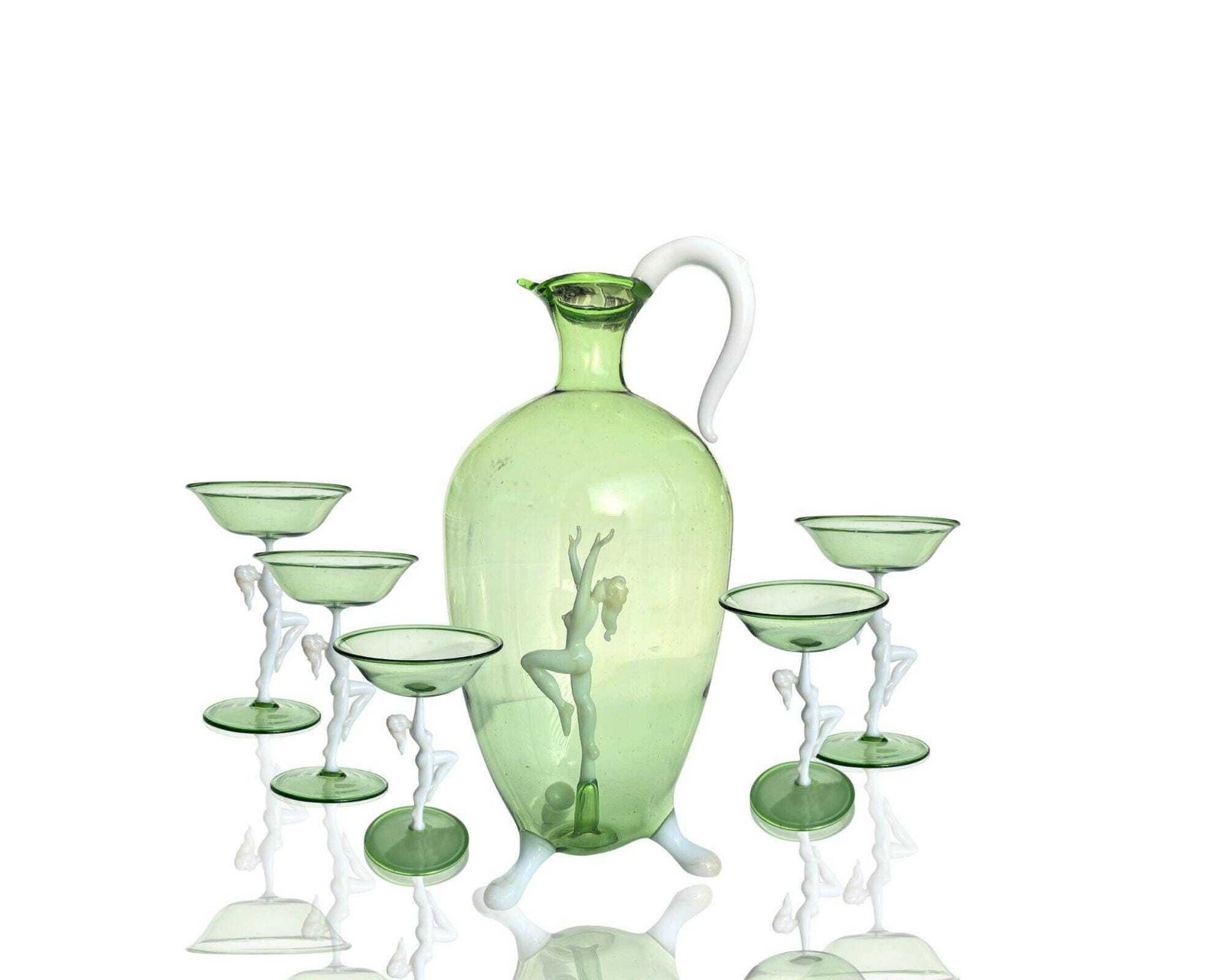Bimini Glass Fritz Lampl | Karaf En 5 Cordial Coupes | Groen Met Wit Opaal
