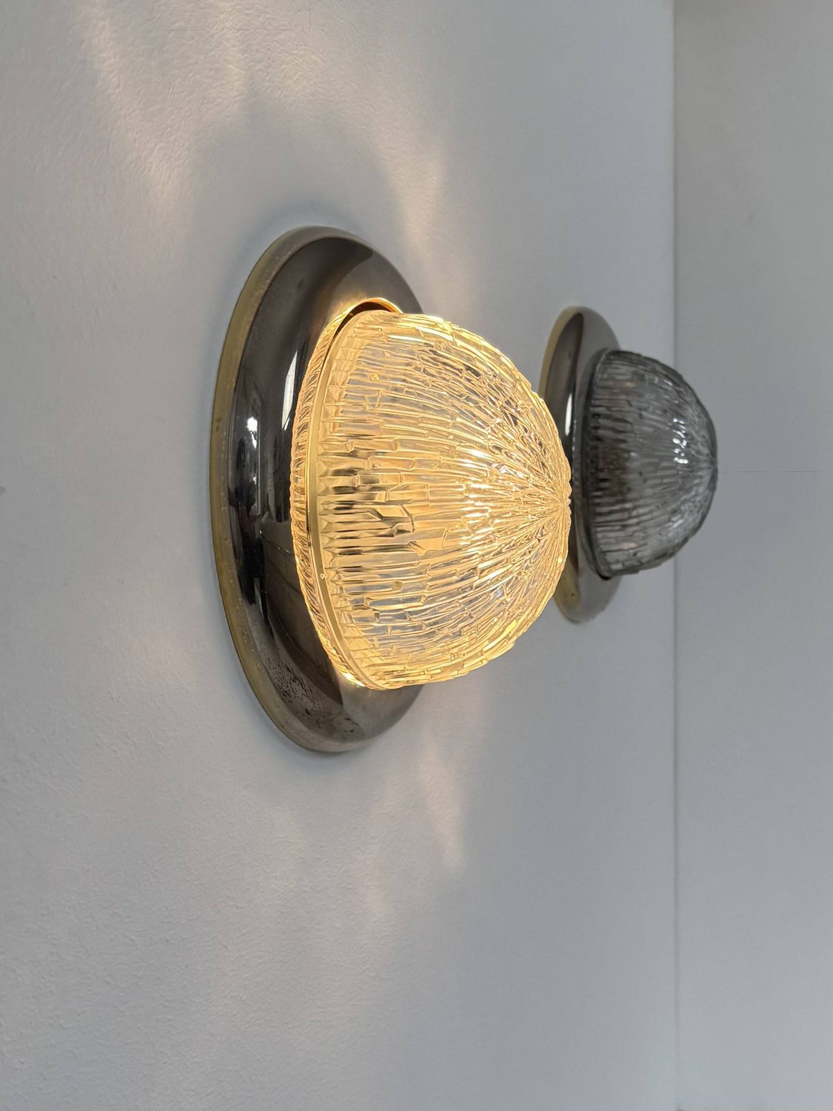 Pair Of Vintage Wall Lights, Brass And Pressed Moulded Glass, France, 1960. photo 480.0