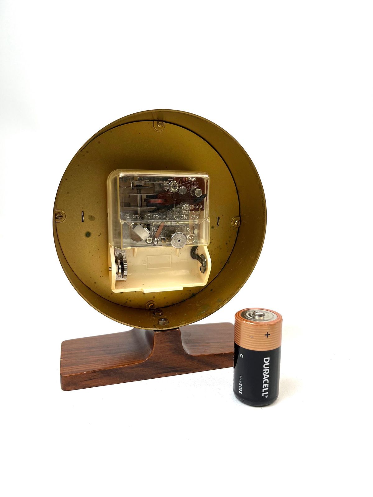 Rare Mid Century Teak Foot Round Brass Desk Clock By Junghans Ato Mat photo vintage