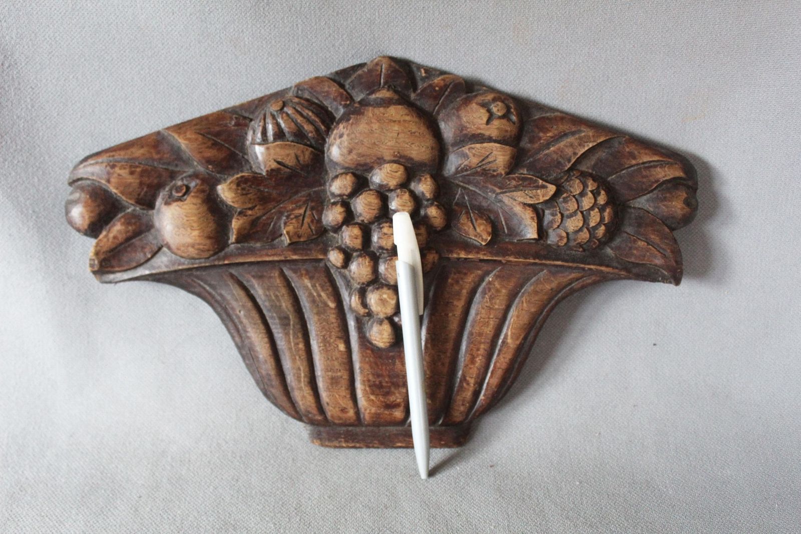 Antique French Hand Carved Wood Ornament, Wood Fruits In Basket, Ornament, Embellishments, Hanging Fruit Wall Sculpture photo furniture