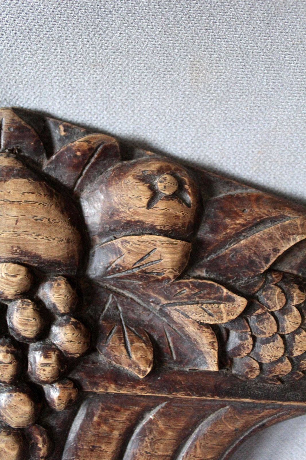 Antique French Hand Carved Wood Ornament, Wood Fruits In Basket, Ornament, Embellishments, Hanging Fruit Wall Sculpture photo vinterior