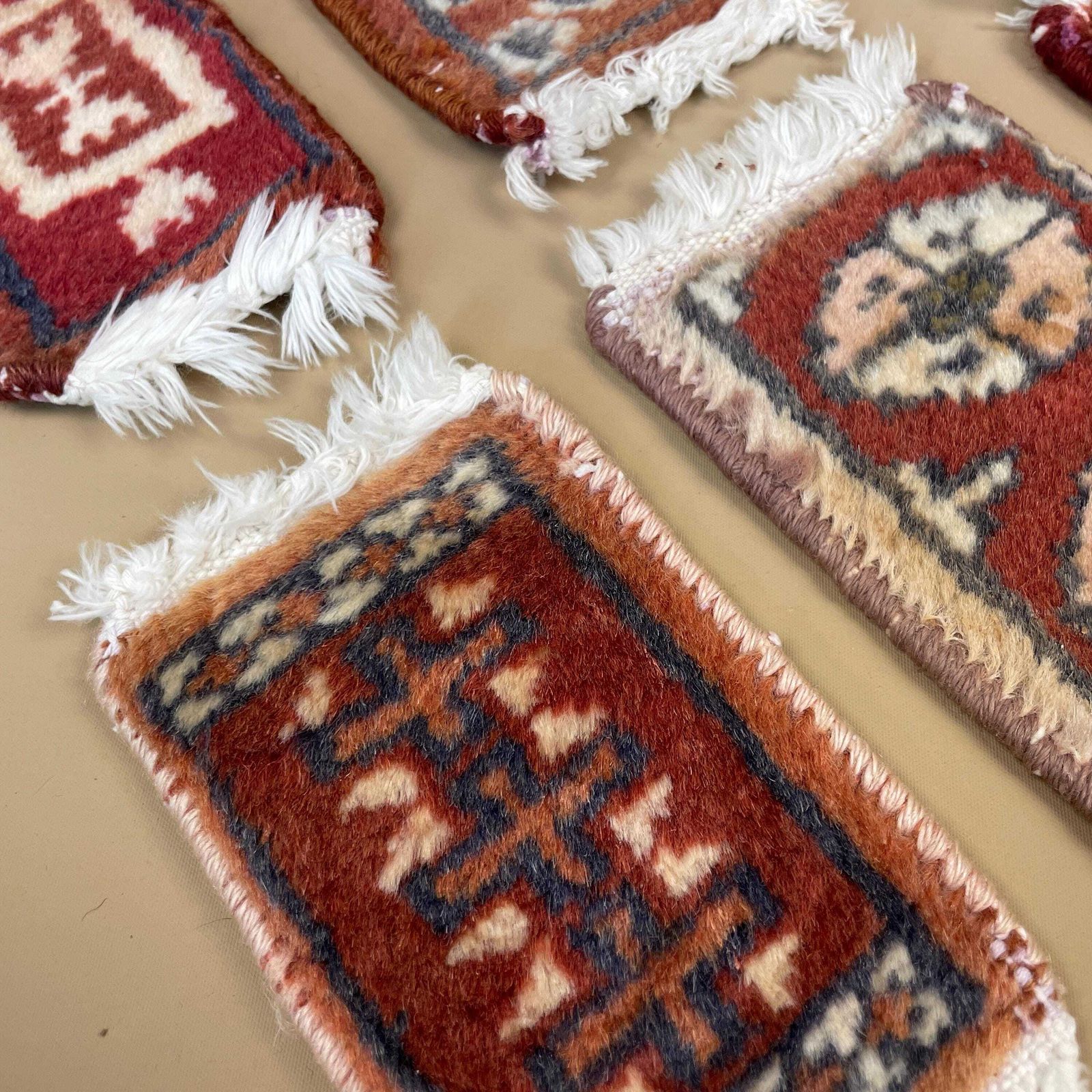 Vintage Miniature Oriental Rugs X8 Handwoven Wool Tabletop Decor Red Mats Set Geometric Small Carpets White Tassels photo Textiles