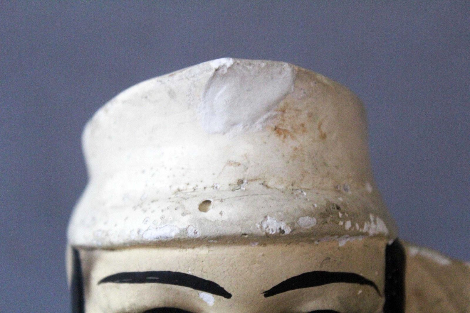 Antique Circa 1900s French Chalkware Plaster Piggy Bank To Break, Money Box, Man In Uniform, Military Salute, Collectable, Black And White photo Home Decor
