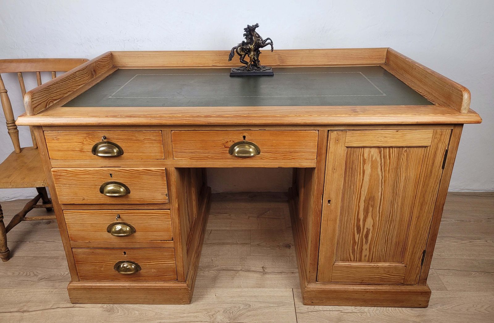 Pine Writing Desk & Chair Leather Top Country Rustic Antique Delivery Available photo furniture