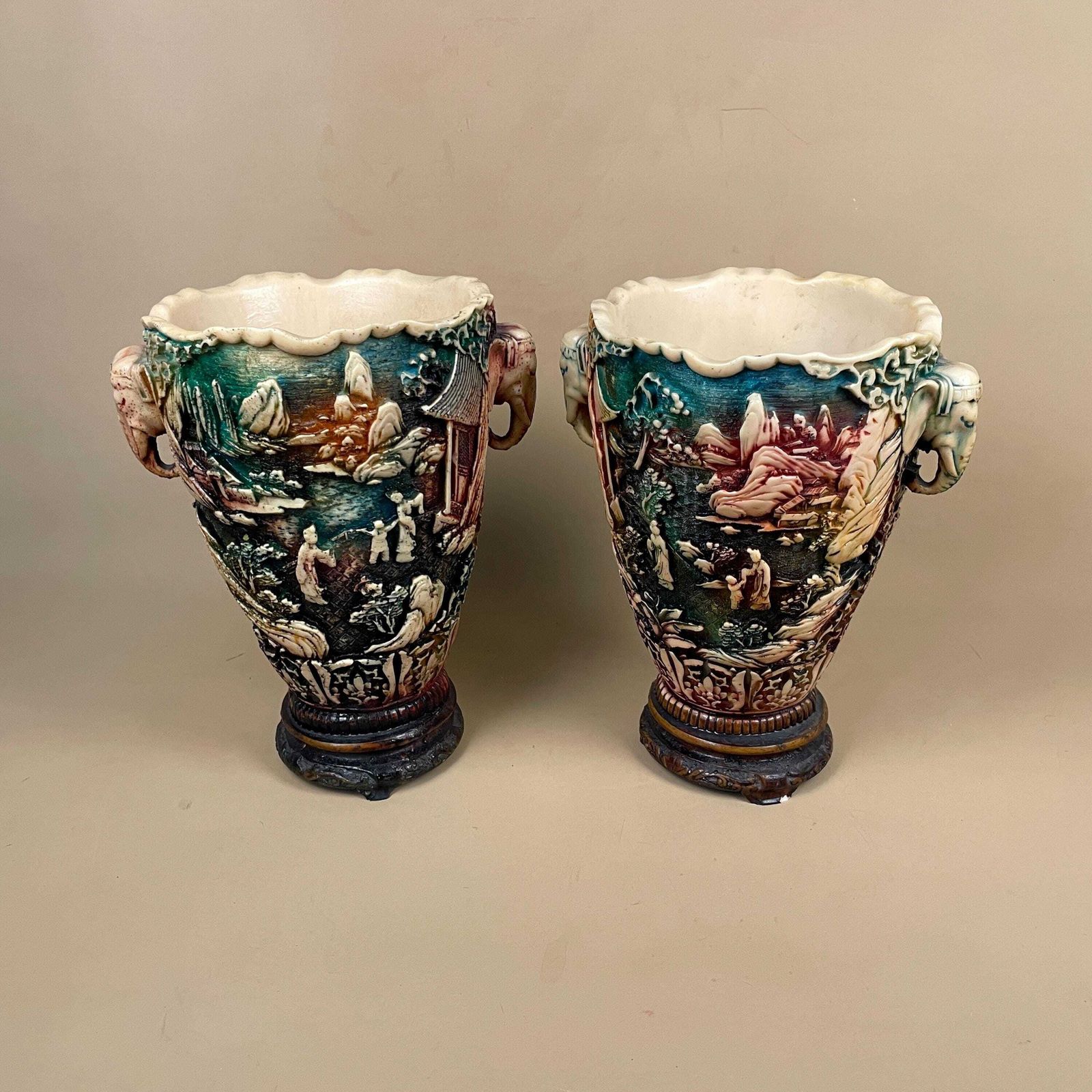Vintage Oriental Resin Vases Chinese Figurines Elephant Carved Asian Decor Pots Flower Display Green Red Home Decor Display Ornaments