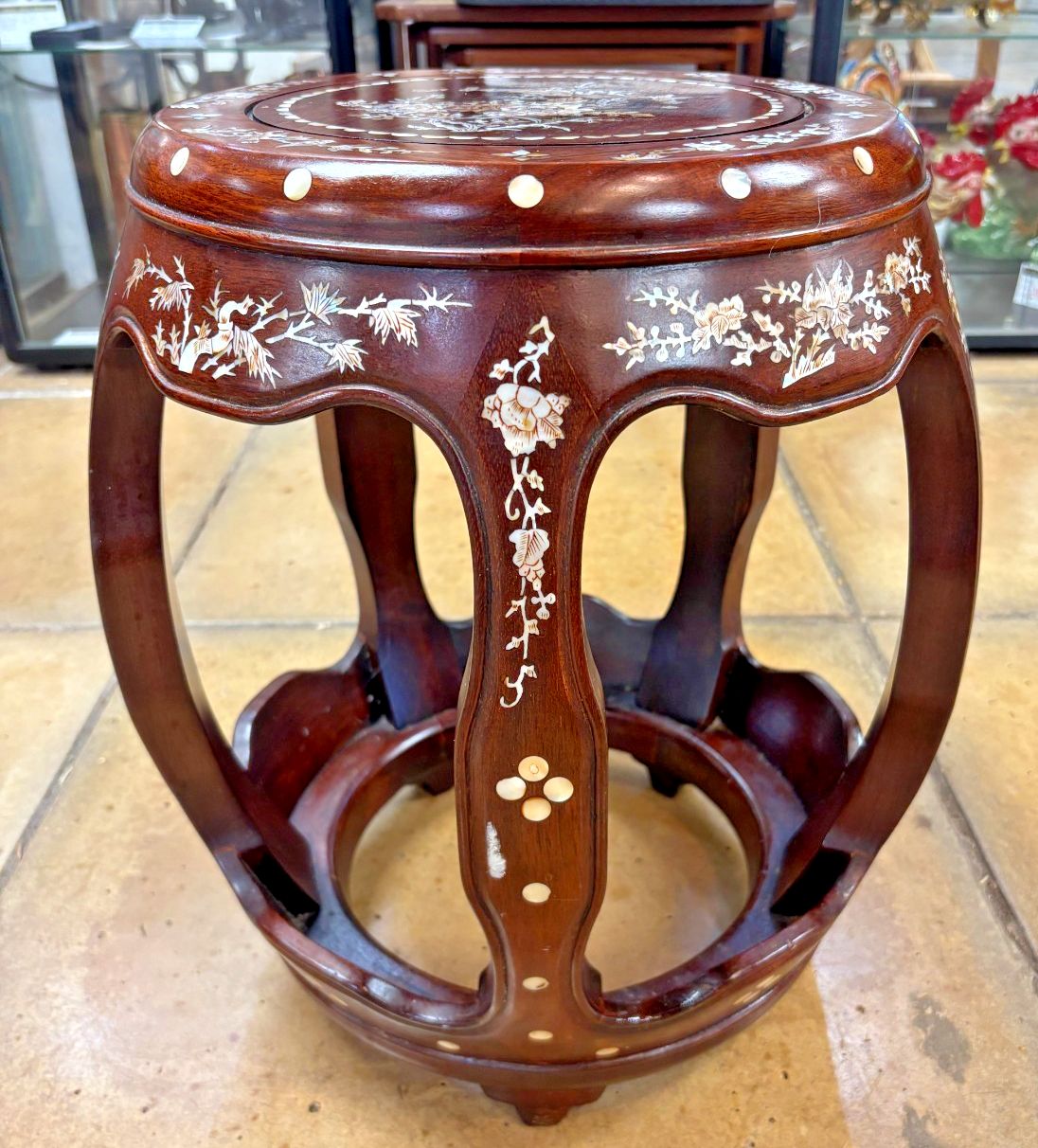 Antique Chinese Rosewood & Mother Of Pearl Drum Stool
